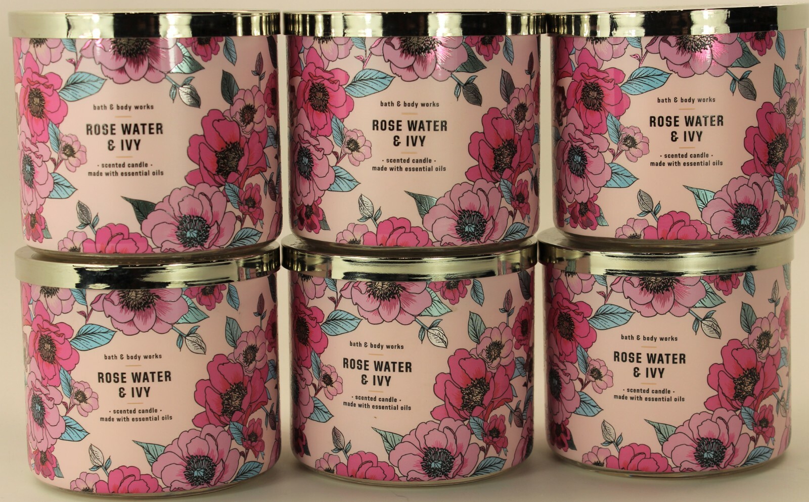 QTY 6 x Bath & Body Works Rose Water & Ivy 3 Wick 14.5 Oz Scented Candle Lot