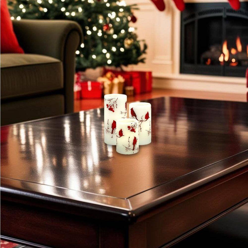 6 In. Battery Operated Wax Candles with Cardinal Design-Set of 3