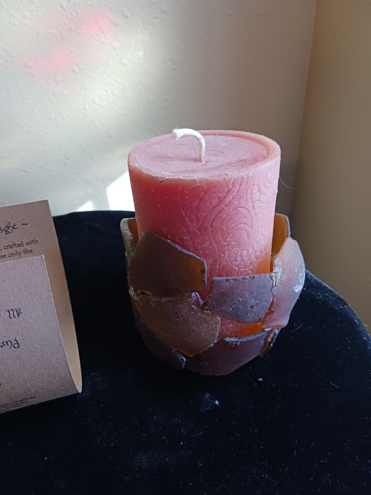 100% Pure Beeswax Pillar Candle, Unscented in SEAGLASS HOLDER Authentic Glass