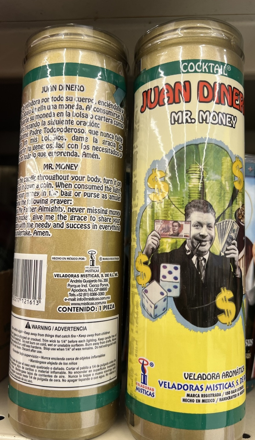 1- VELADORA JUAN DINERO AMARILLO. MR. MONEY YELLOW CANDLE. Prayer On Back.