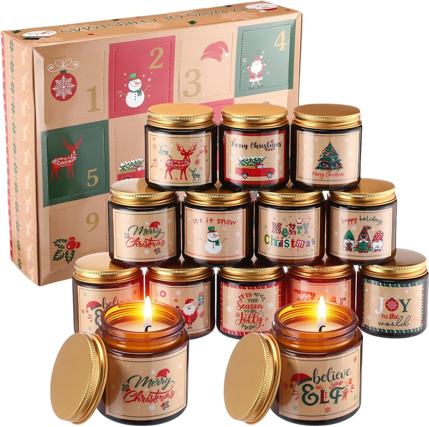 12 Pack Christmas Candles 12 Days of Advent Calendars Multicolor