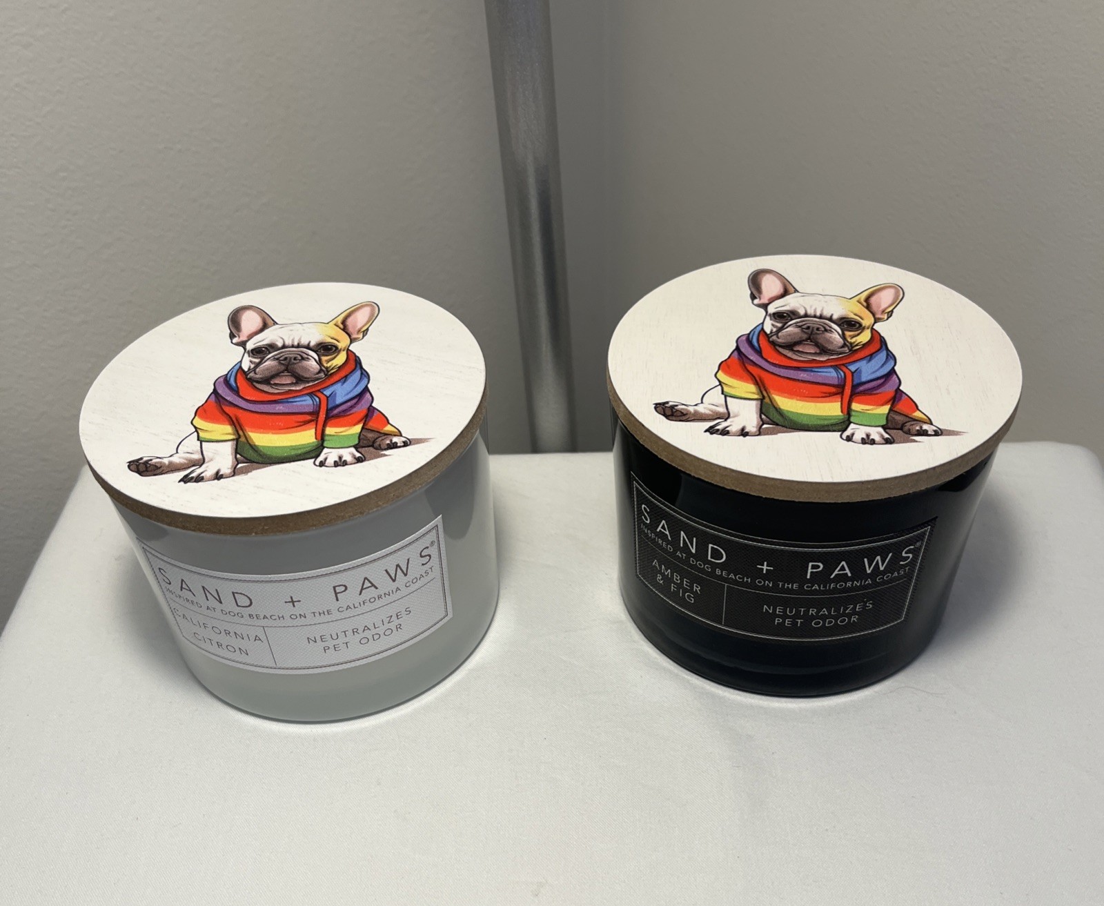 Frenchie Rainbow Candle French Bulldog California Citron, Amber & Fig, Sand+Paws