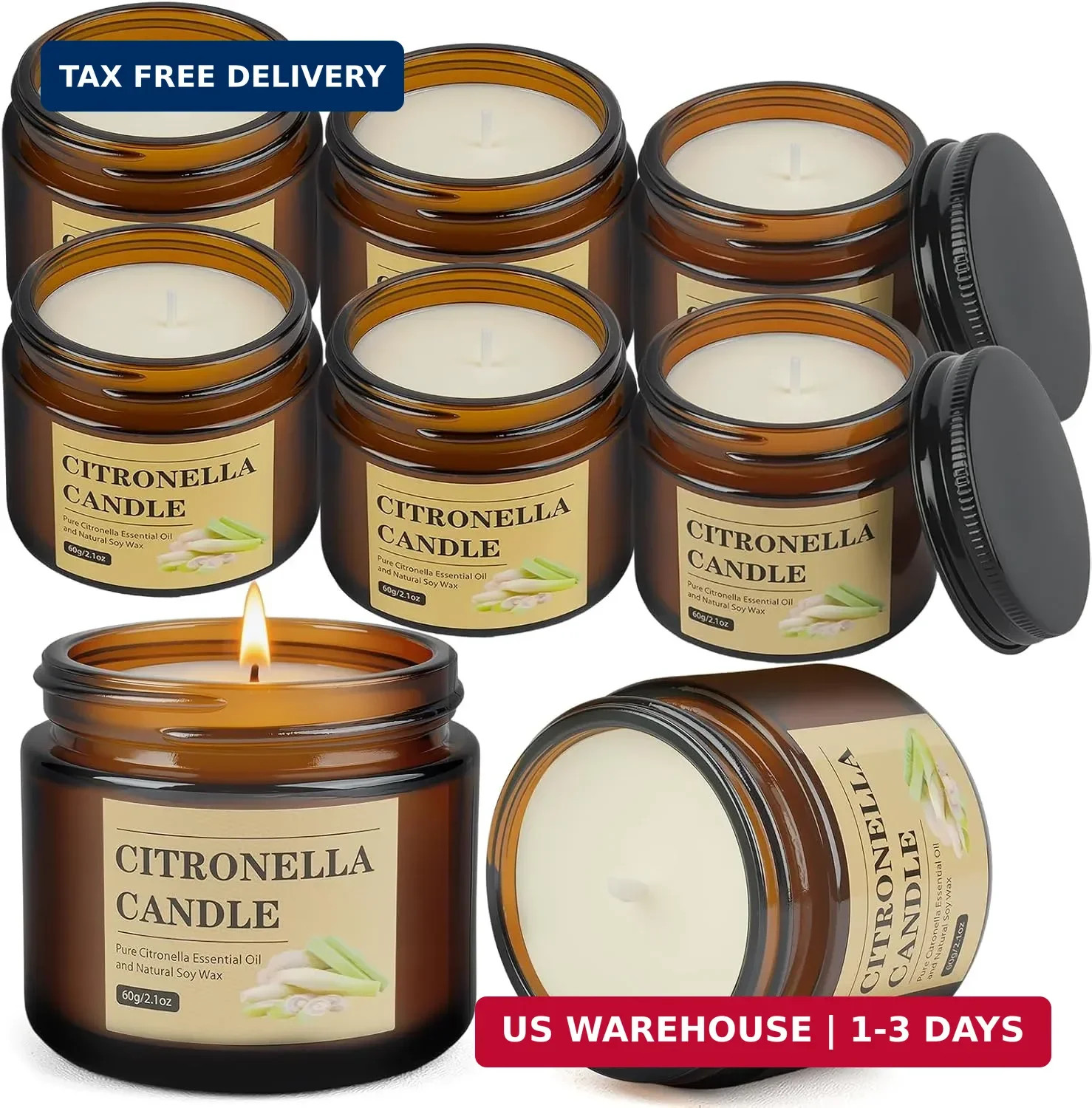 8 Pack Citronella Candles Outdoor Soy Wax Glass Jar 120Hr Burn Time