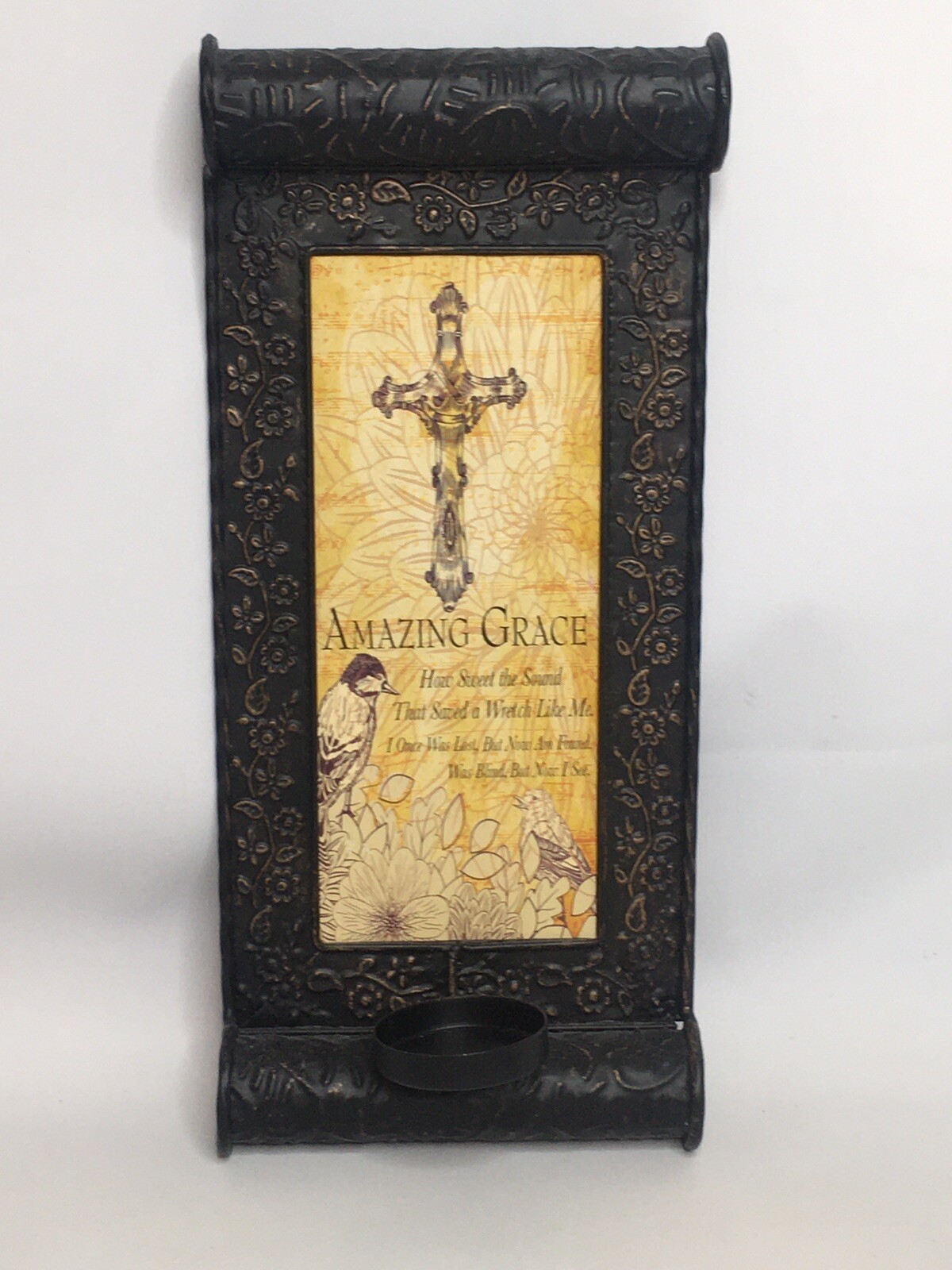 Wall Sconce Amazing Grace Candle Light Weight Metal Decor Cross Birds Votive