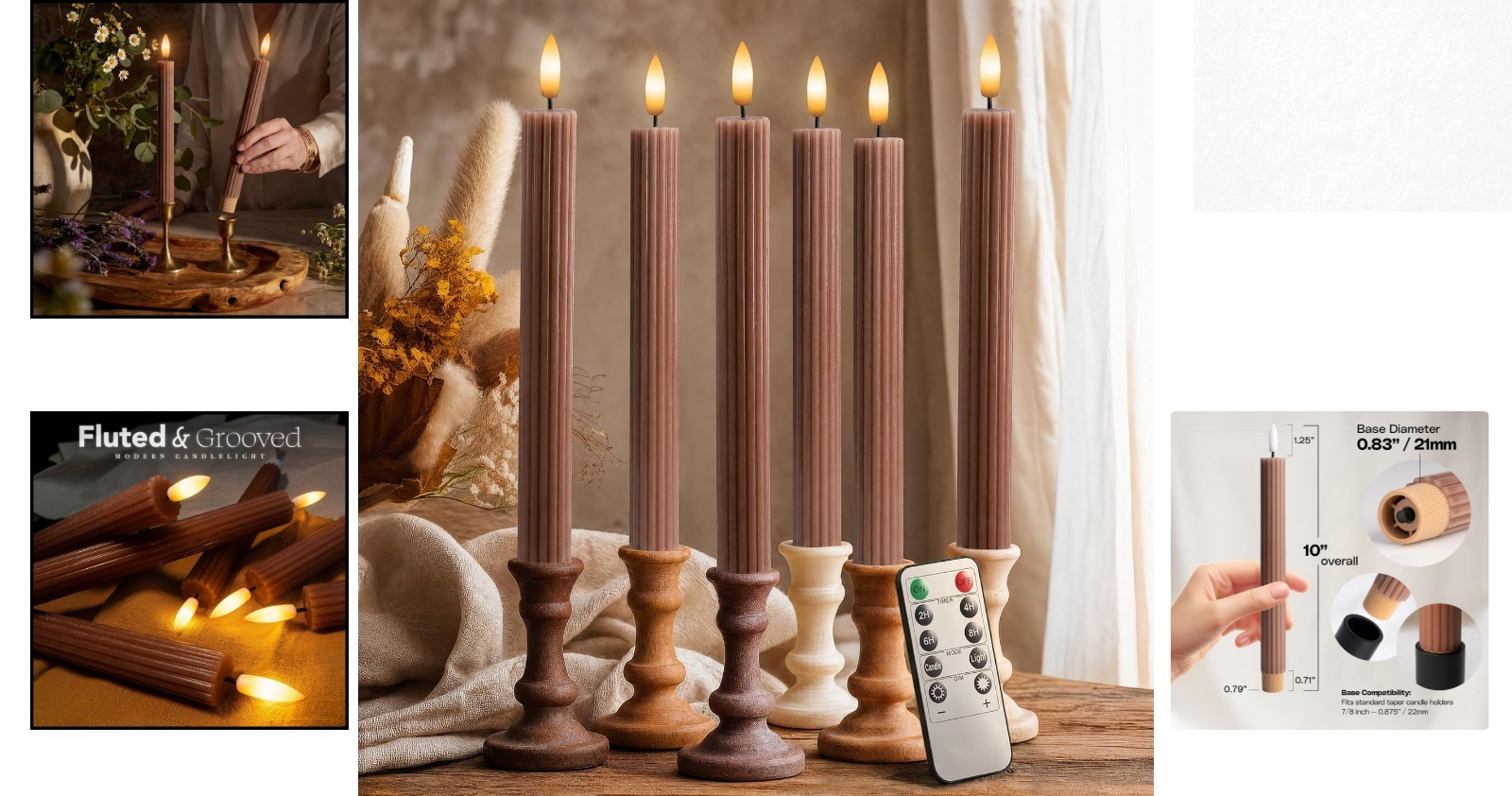 6 Pack 10″ Dimmable Fluted LED Candles – Real Wax, Remote & Timer Functions