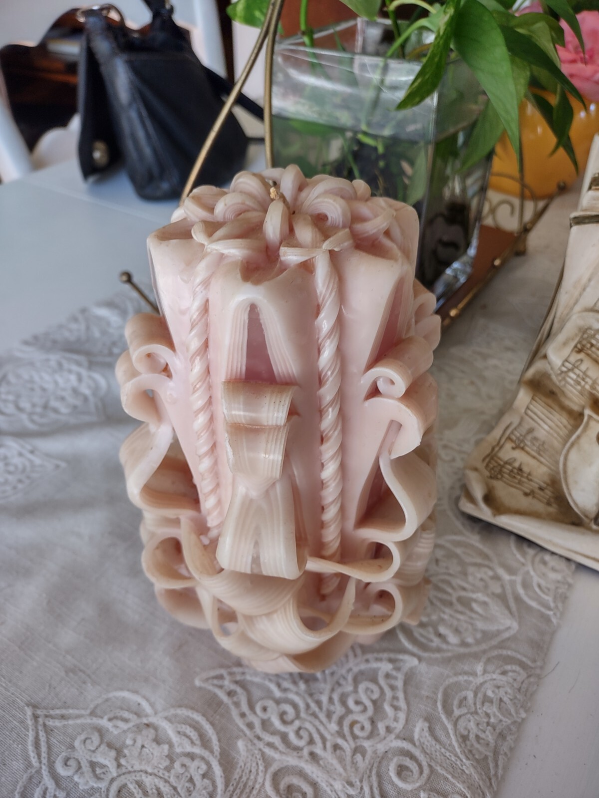 Carved Pillar Art Candle Blush Pink Home Decorative