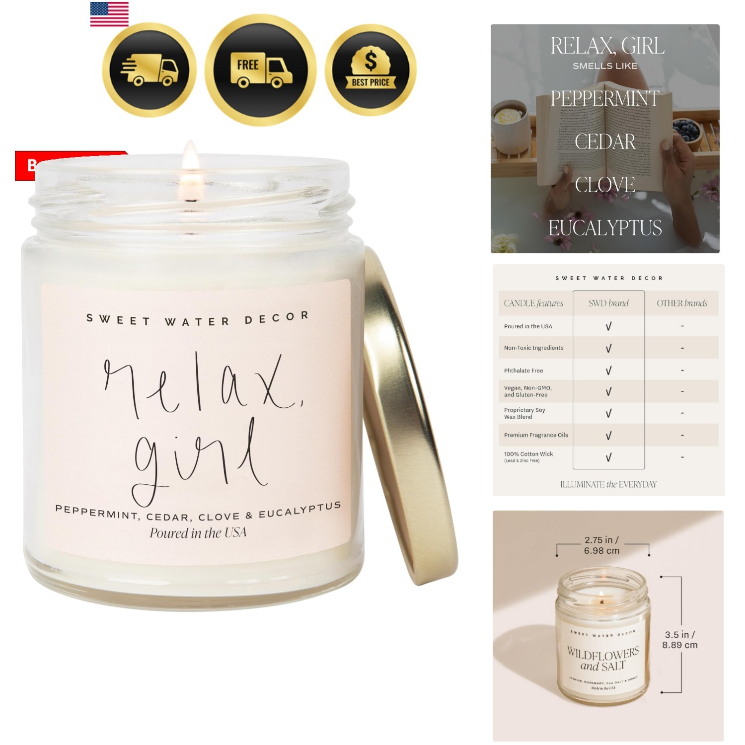 Relax Girl, Peppermint, Cedar, Clove, and Eucalyptus Scented Soy Wax Candle f…