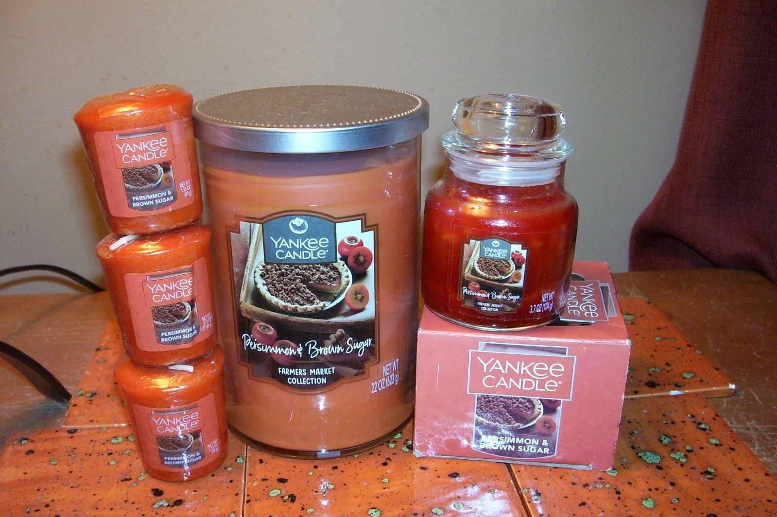 yankee candle 22oz JAR PERSIMMON & BROWN SUGAR+ 3 VOTIVES + TEAS + 3.7oz JAR