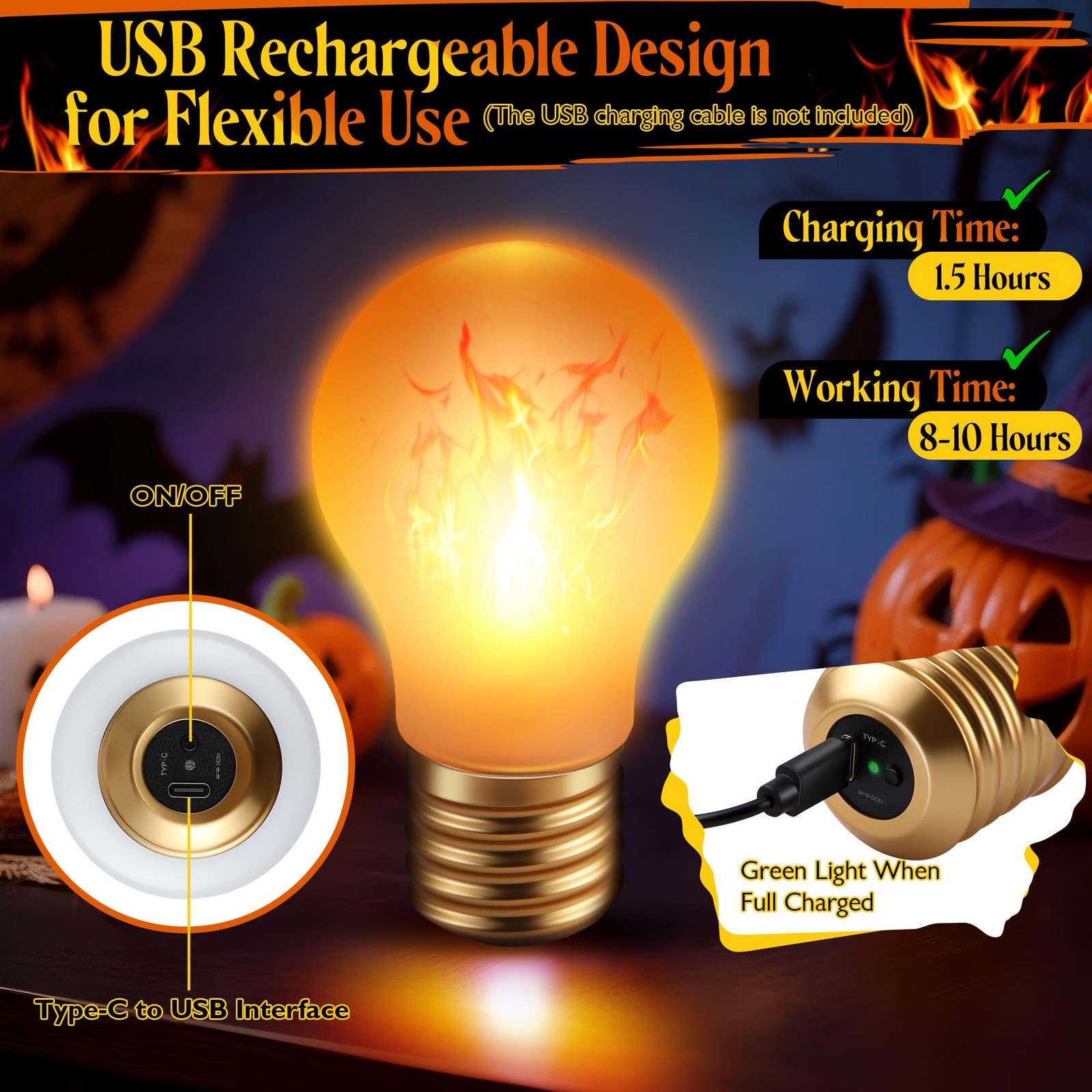 2 Pack Rechargeable Flame Light Bulbs – Wireless A19 Flickering Fire Bulb for…