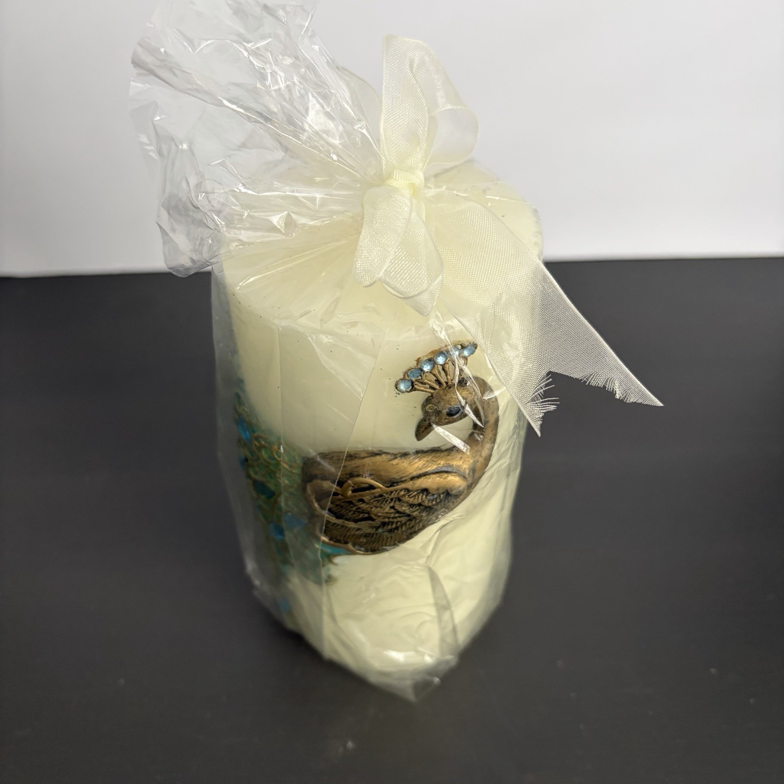 Pier One Peacock Candle Unscented Pillar 6 in Jeweled Feathers Original Package