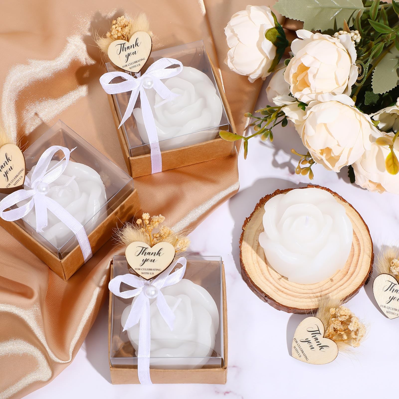 24 Sets Rose Candles Scented with Dried Flower Mini White Rose Petal Candle G…