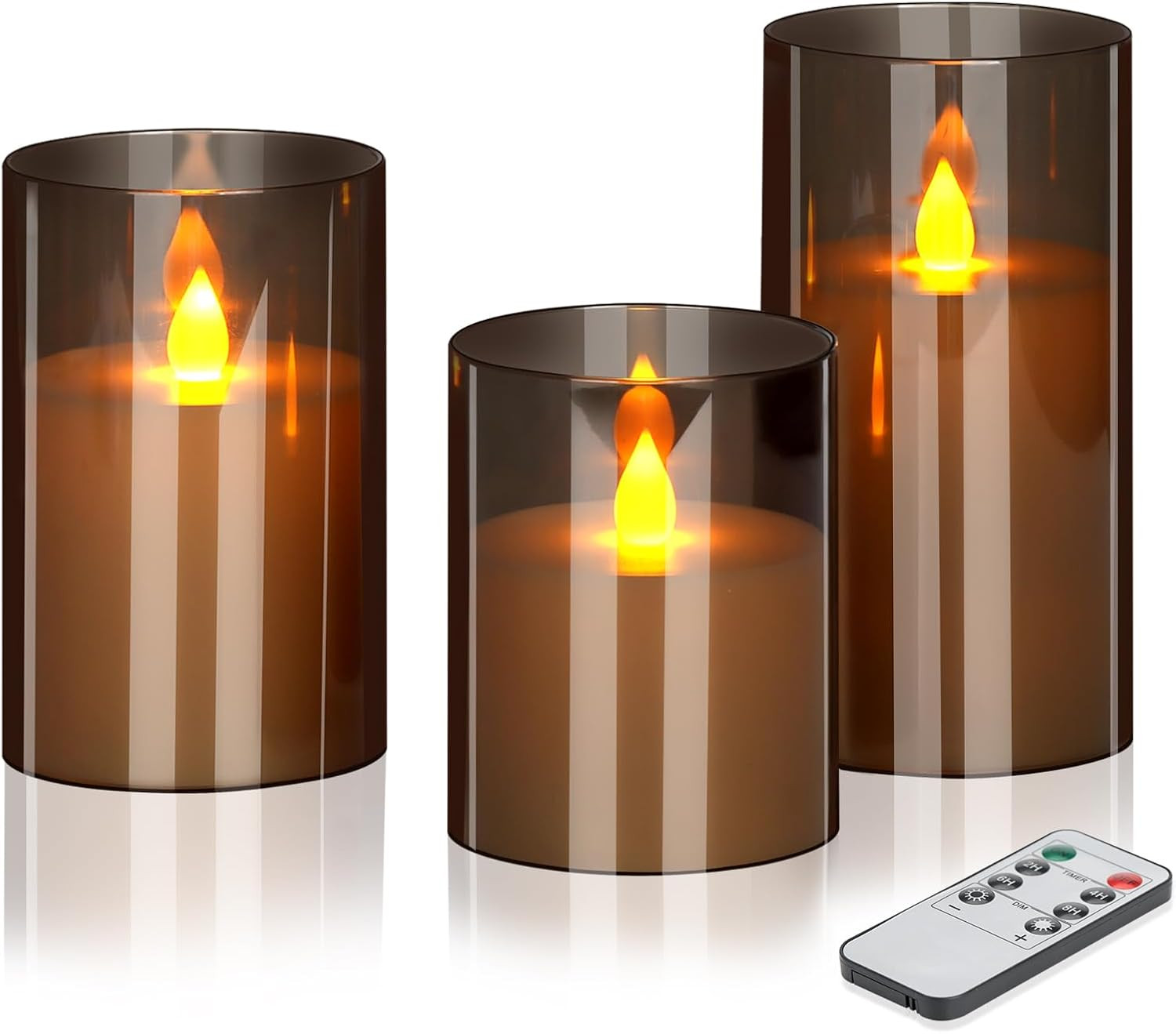 Flameless Candles 4″ 5″ 6″ Set of 3 Acrylic Glass Pillars 3″ Diameter Battery Op