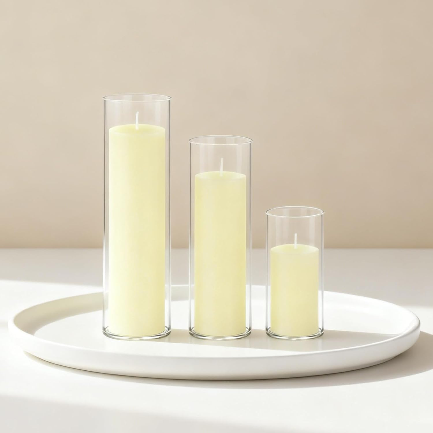 Ivory Pillar Candles & Glass Vases Set for Weddings & Events – 12 Pack