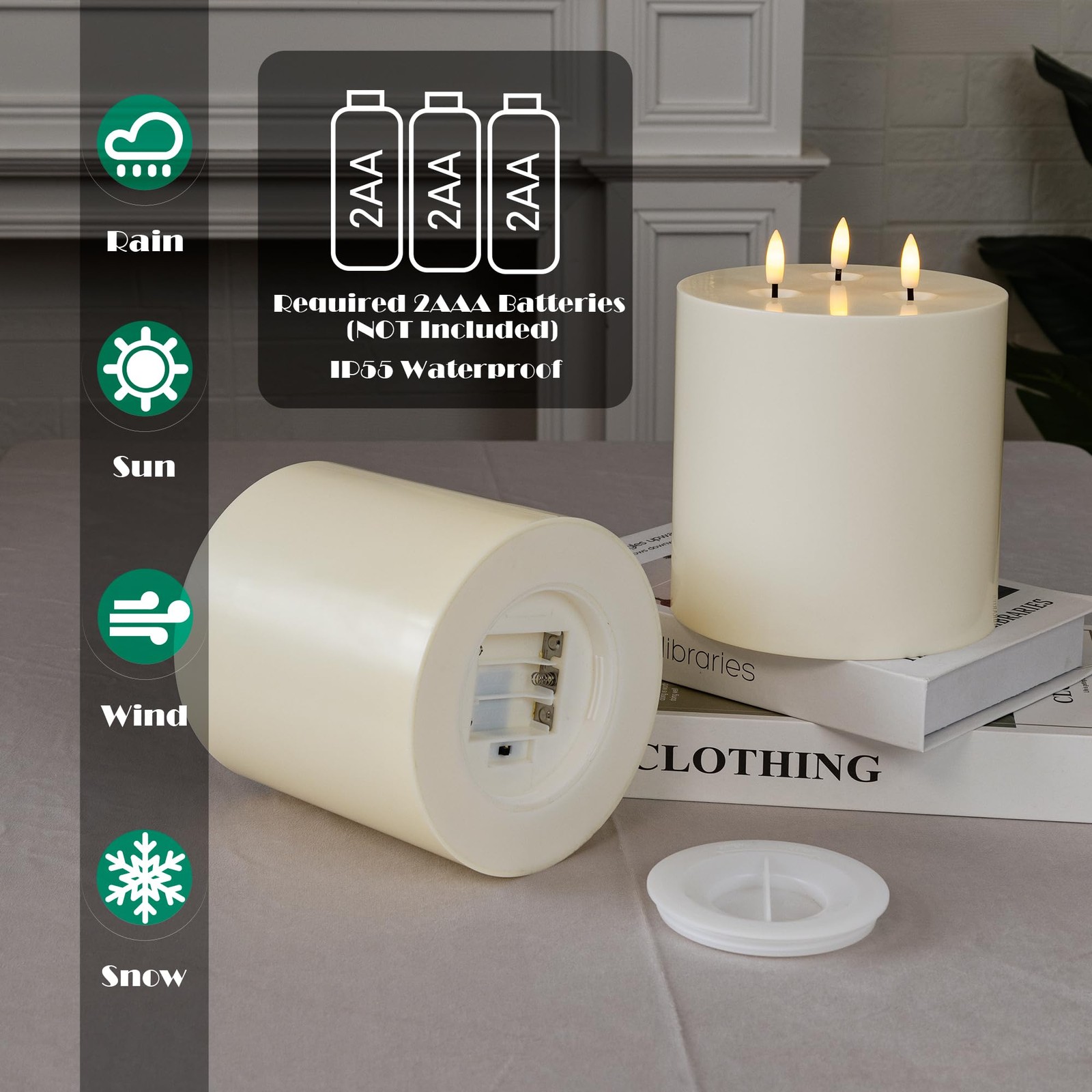SEHNSY Ivory 6″ x 6″ Large Outdoor Waterproof Flameless Candle 3 Wick Plastic