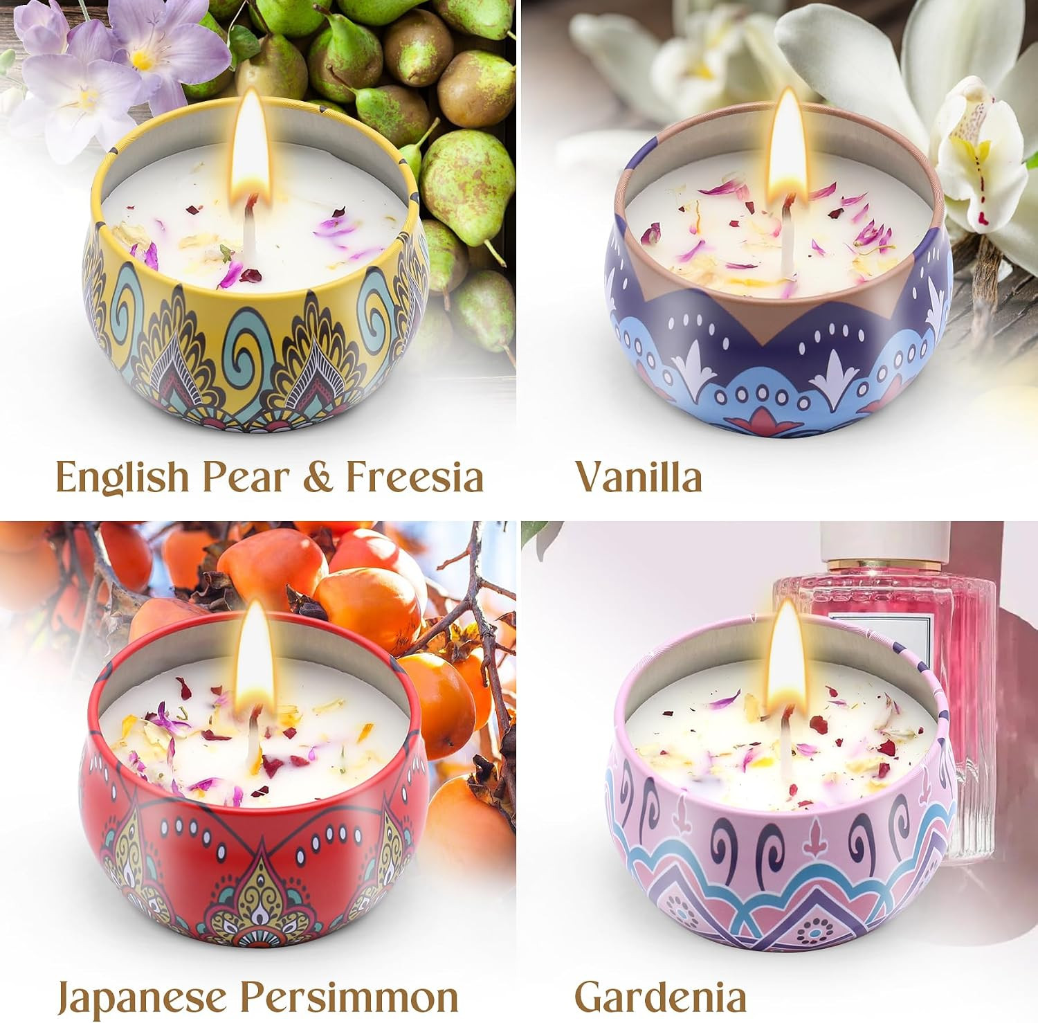 Soy Wax Scented Candle Gift Set with Dried Flowers – 4 Pack Aromatherapy Set