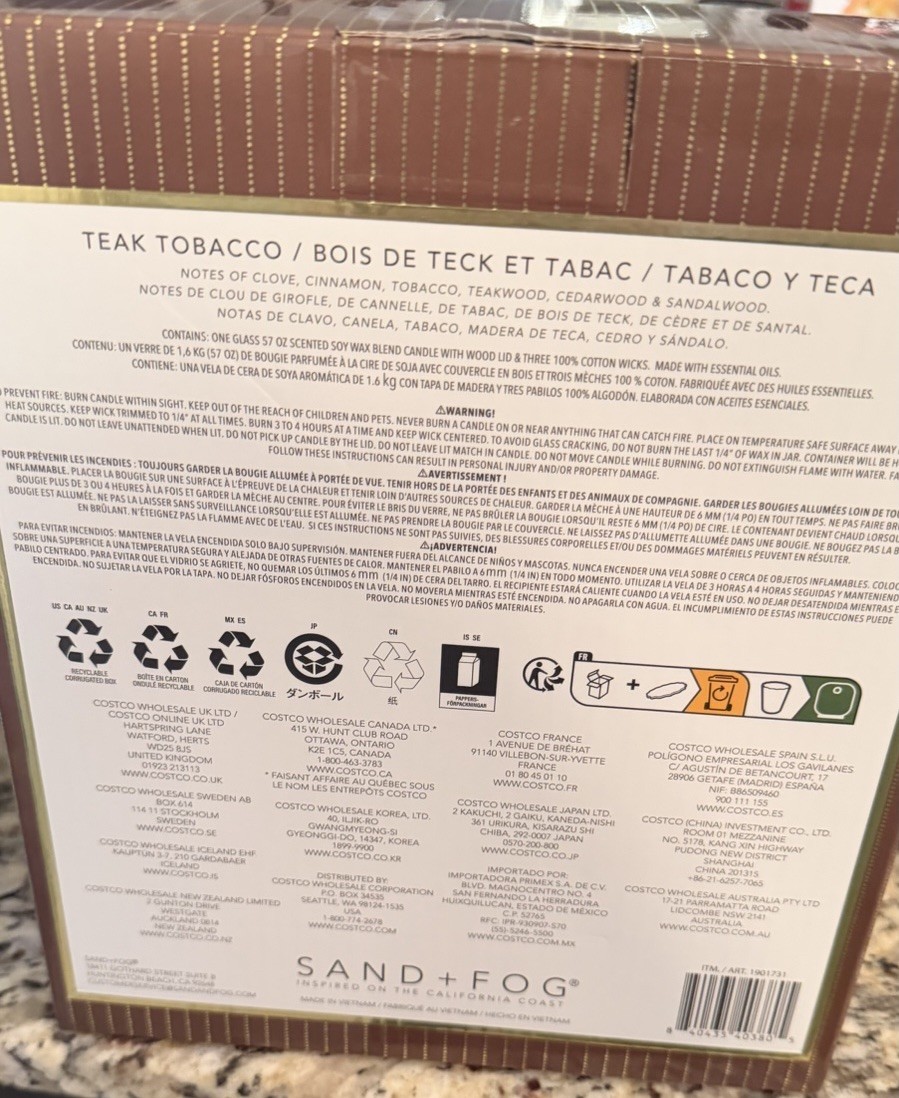 Sand + Fog 57 Oz Teak Tobacco Scented Soy Wax Blend Candle With Wood Lid New