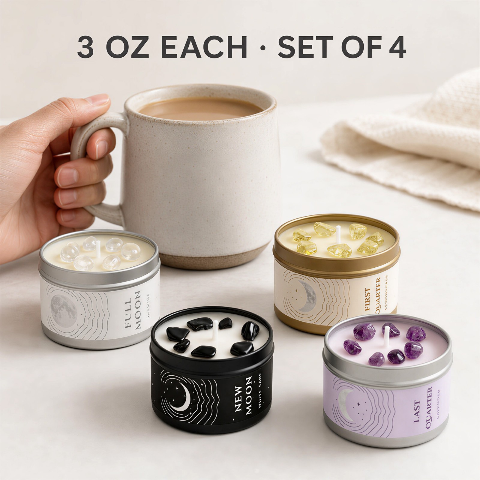 Moon Phase Candle Set 4 Crystal Soy Candles Witchy Celestial Gift Set