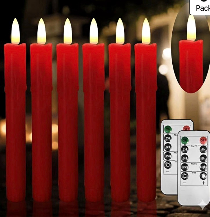 6-Pack Red Flameless LED Taper Candles w/ Remote Timer, AAA Battery, 6.7 in