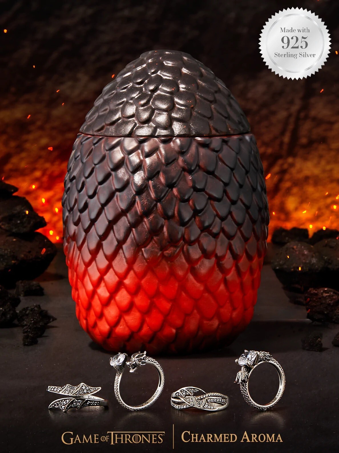 Charmed Aroma 925 Sterling Silver Ring Game of Thrones Dragon Egg Candle Size 7