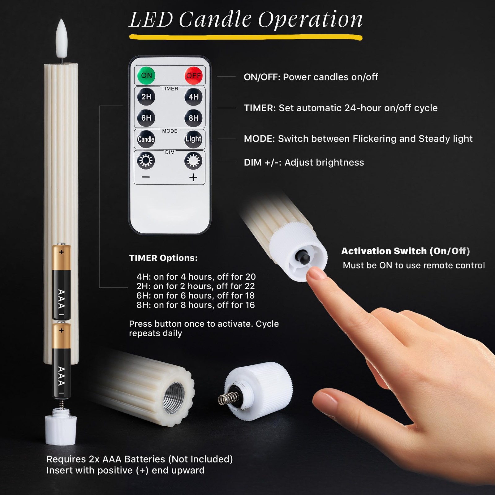6 PCS Fluted LED Cream Beige Taper Candles Remote Dimmable Battery 10 Inch