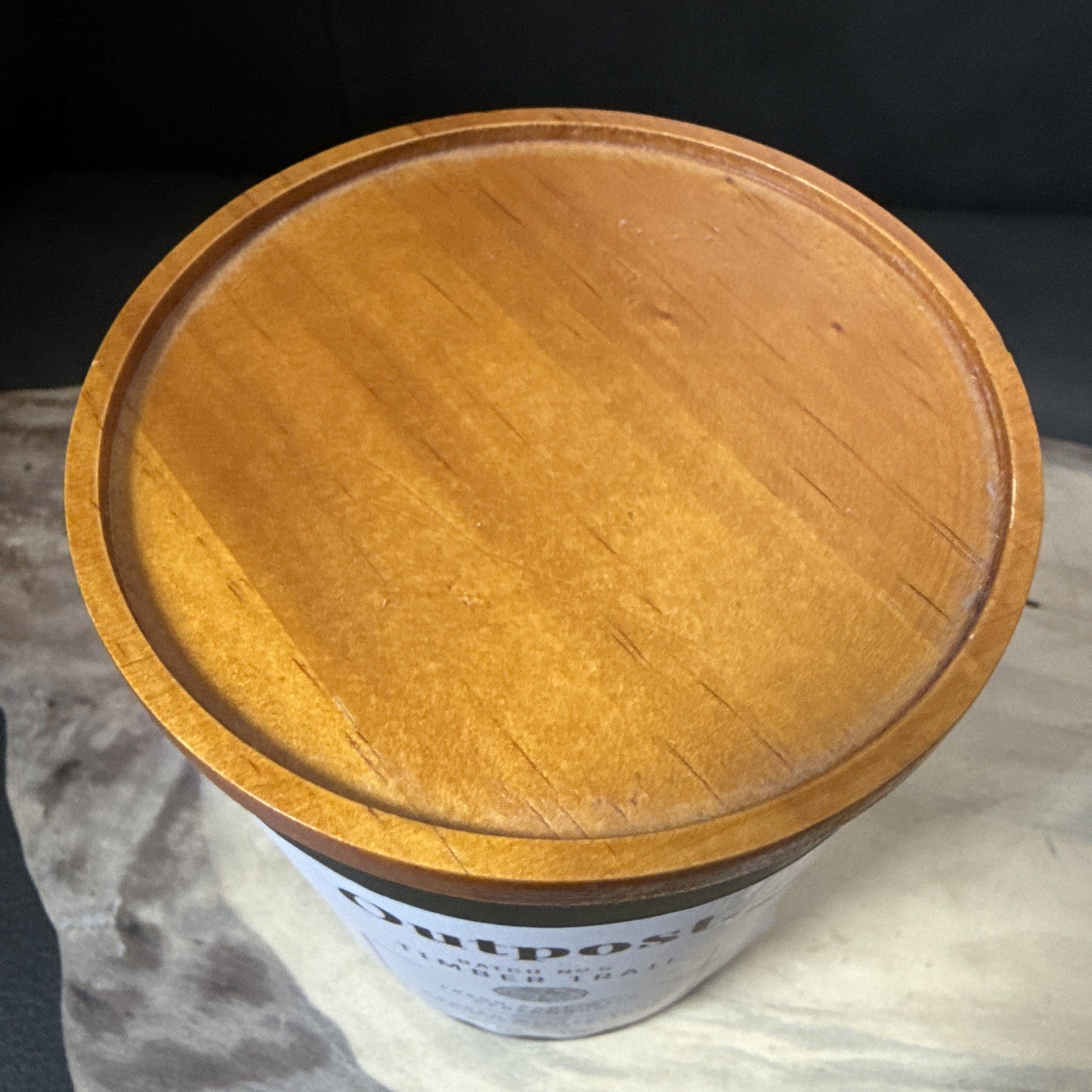 OUTPOST Timber Trail Candle 15 OZ Forest Green Glass Jar Wood Lid Wood Wick USED