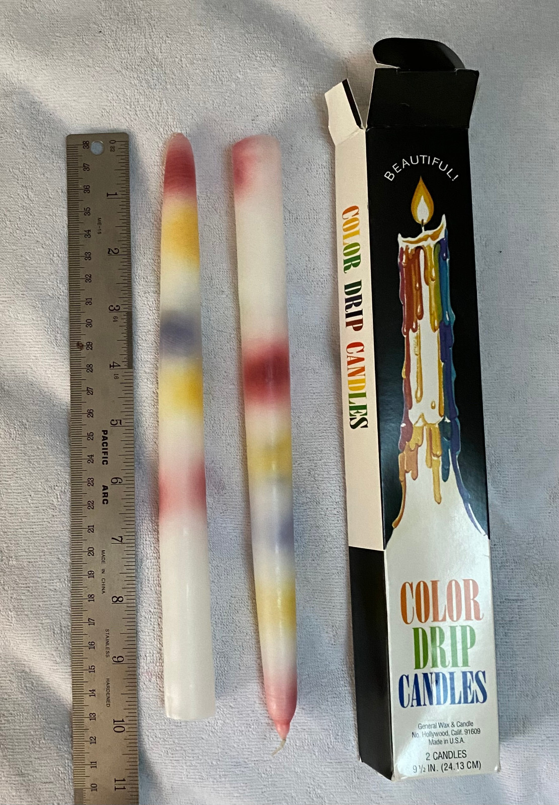 2 Per Pack Rainbow Multi Wax Color Drip Candles 9 1/5 ” Tall Vintage New