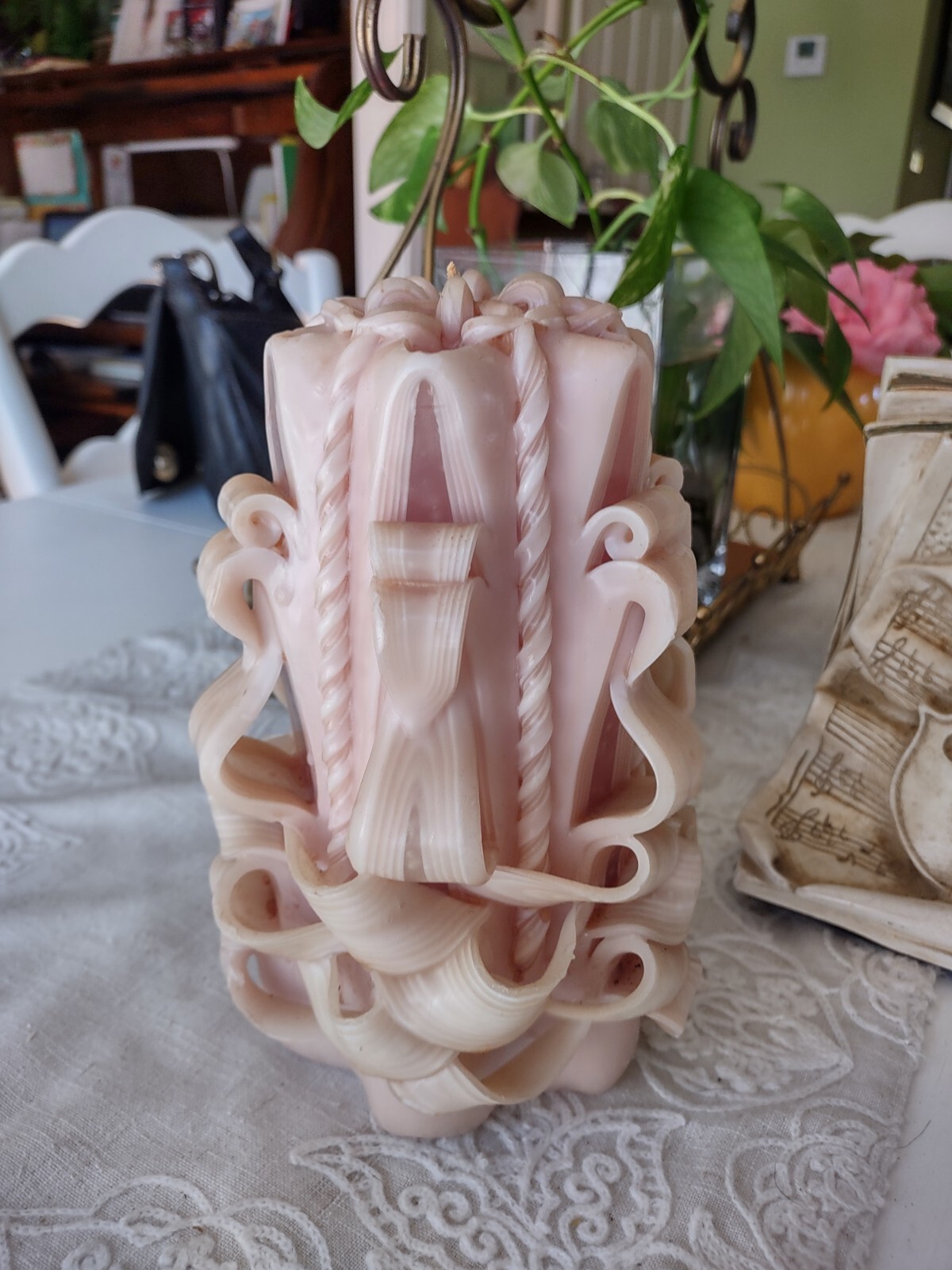 Carved Pillar Art Candle Blush Pink Home Decorative