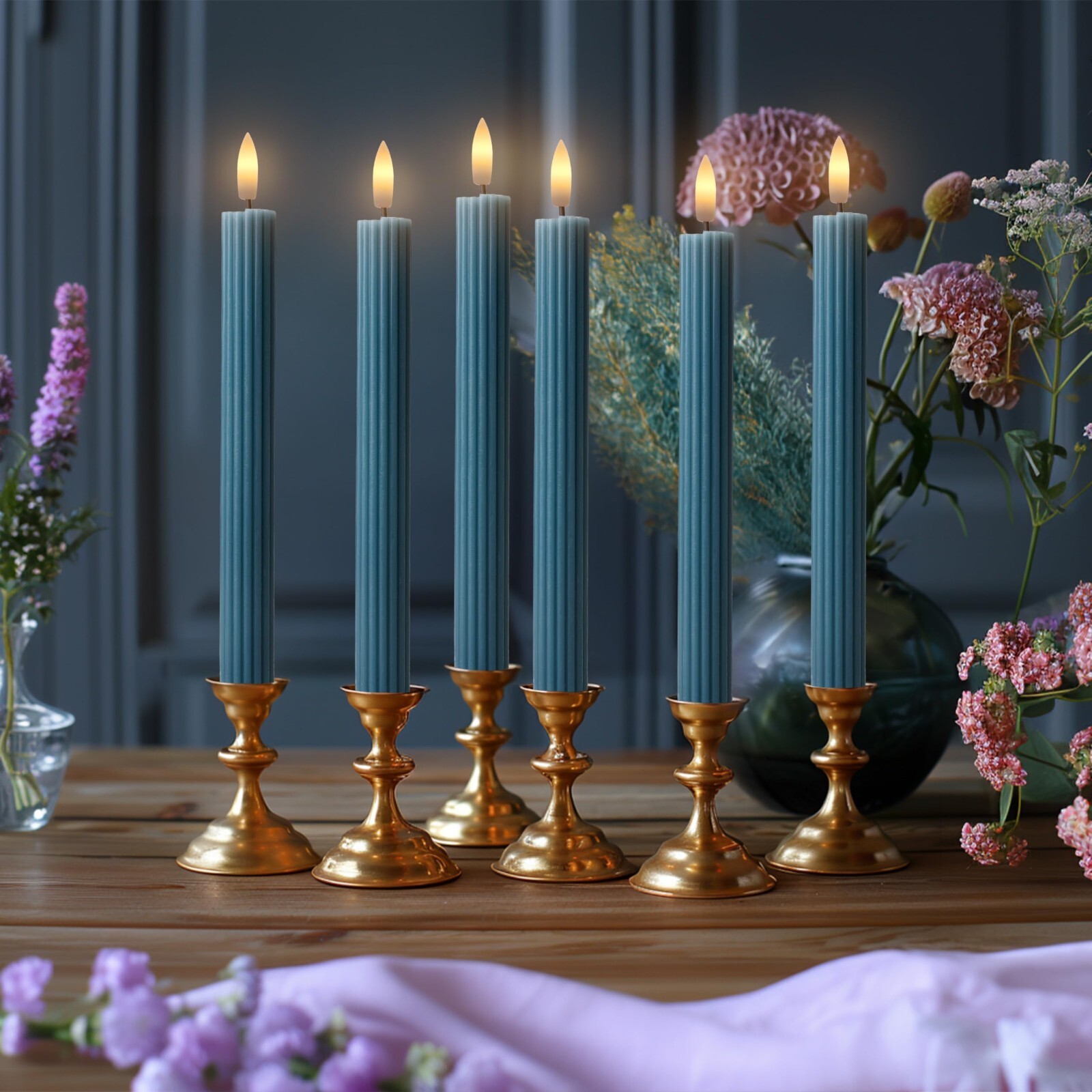 10″ Fluted Ribbed LED Blue Grooved Pillar Candles Remote & 24h Timer Memory