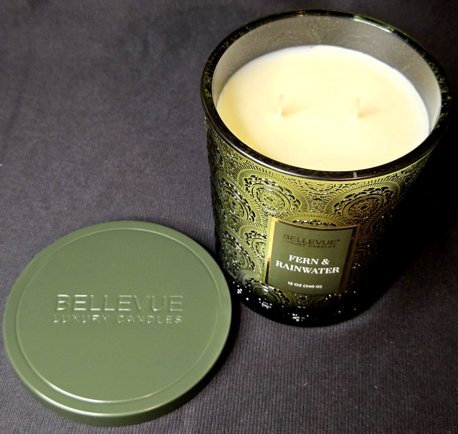 Bellevue Candle Forest Fern & Rainwater Embossed Green Soy Blend 2 Wick 12 Oz