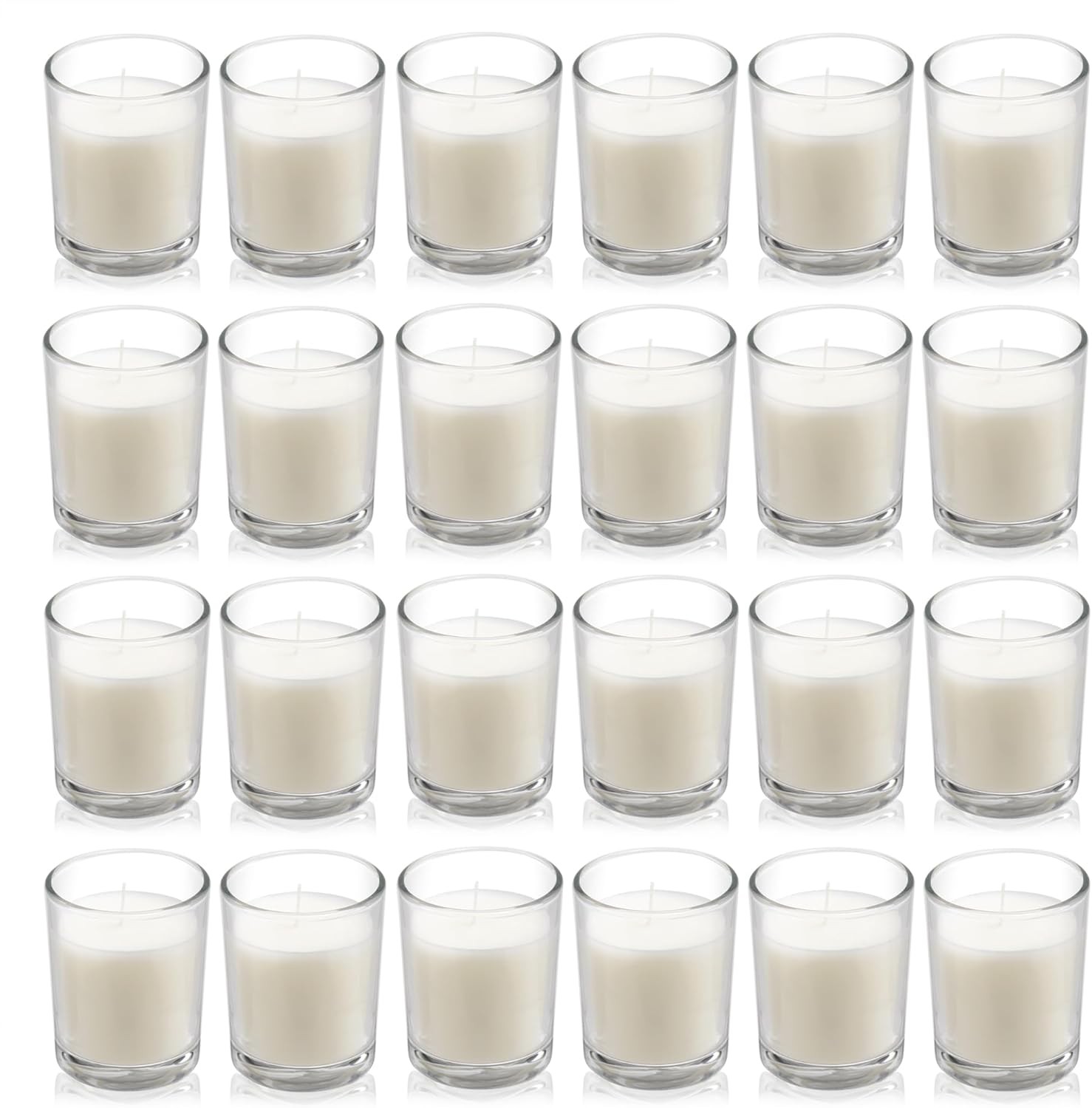 24-pack Warm White Unscented Clear Glass Cup Votive Candles.