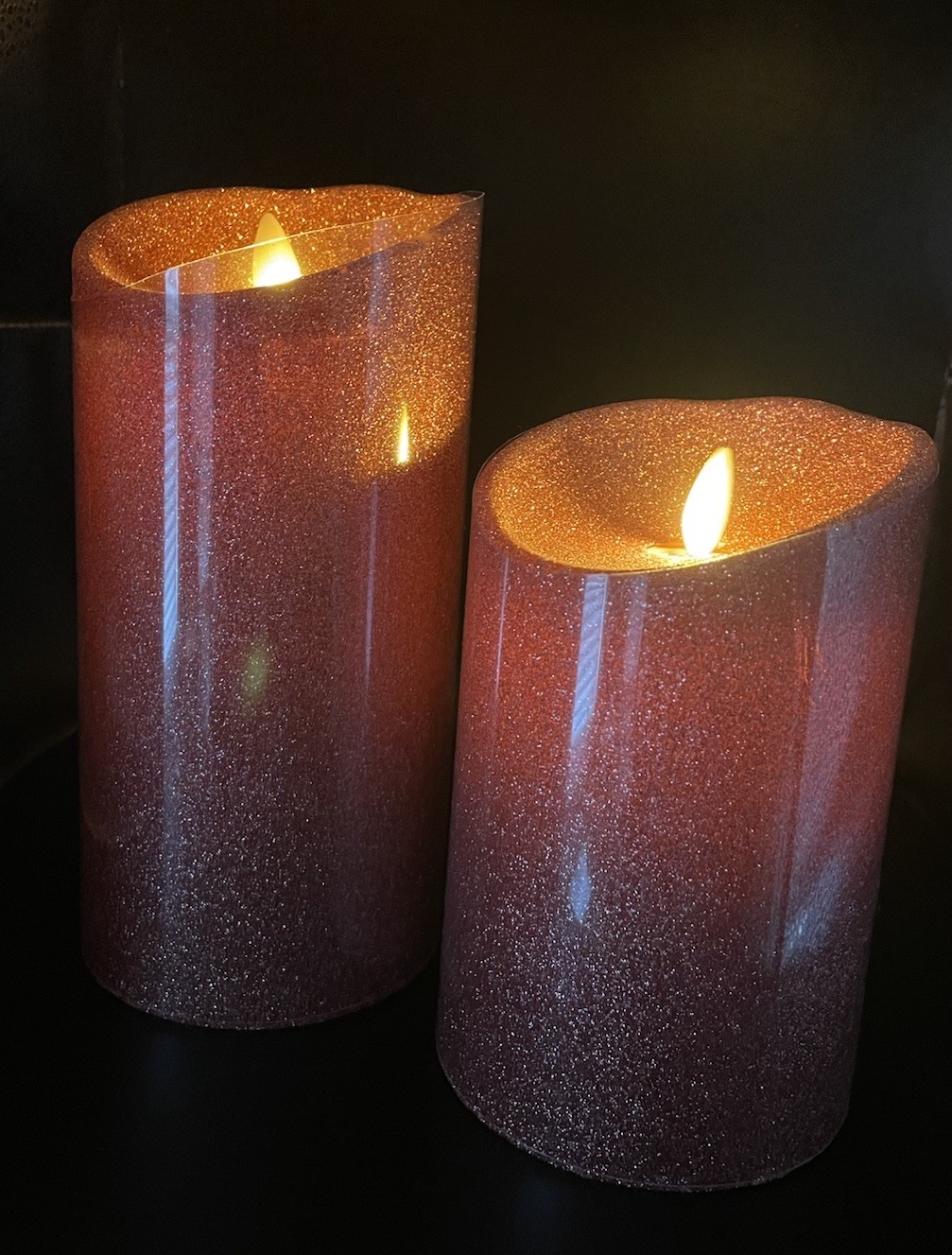 Luminara Flameless 5″ & 7″ Pink Glitter 2 pack Candle Set Timers and one remote