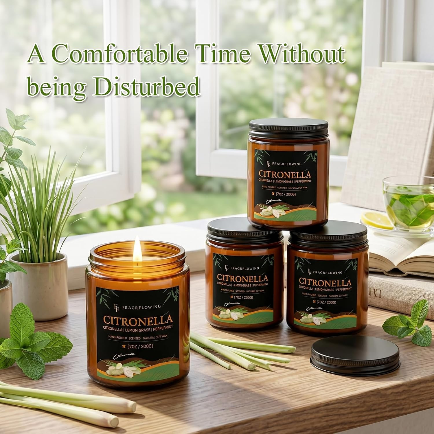 Citronella Candle, Indoor Outdoor Lemongrass Scented Candle，Natural Soy Wax Jar