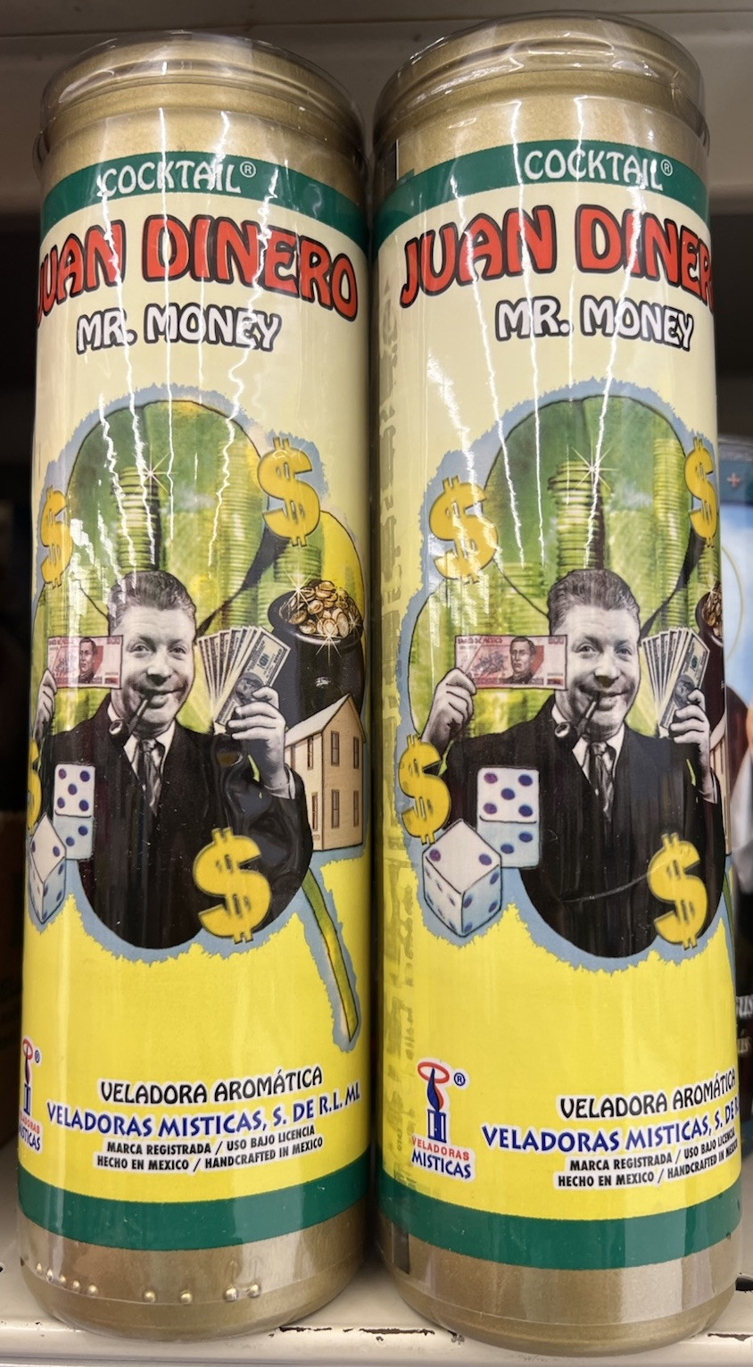 3 VELADORA JUAN DINERO. MR. MONEY PRAYER ON THE BACK