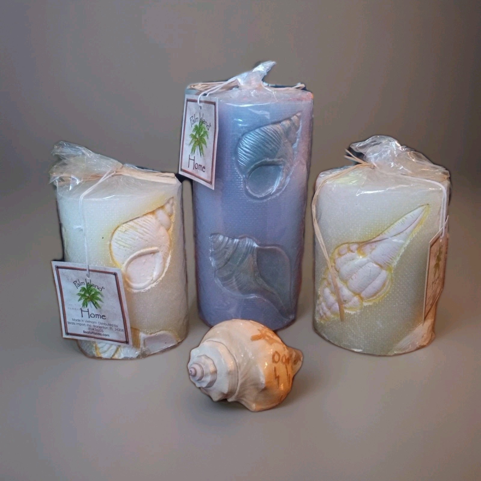 3 New Palm Island Home Florida Candles W/ 3″ Conch Shell Beach Ocean Bathroom