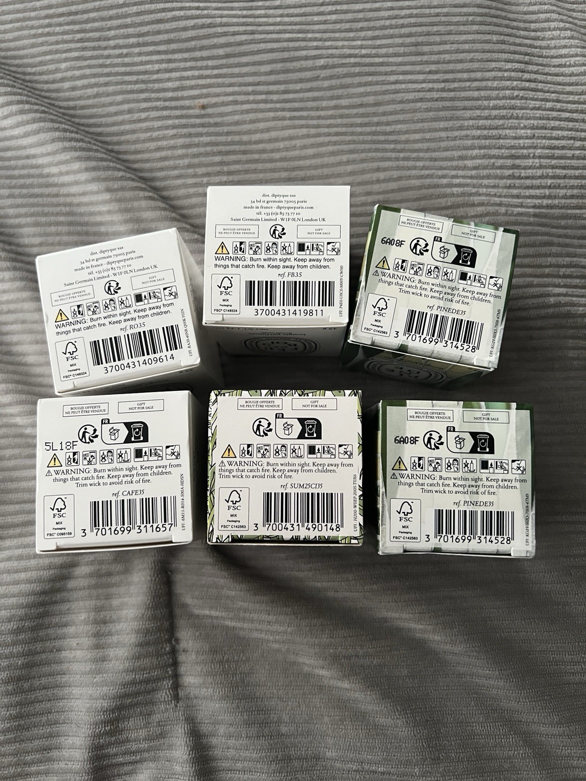 Diptyque Set of 6 Travel 35g Candles: Pinede Citronelle Roses Cafe Feu de Bois