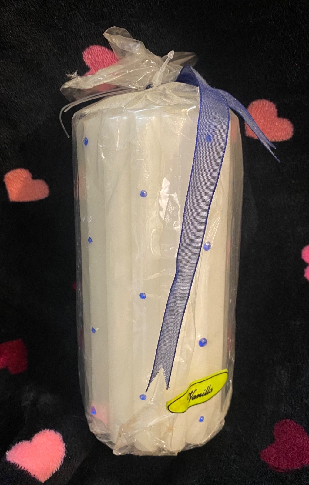 NIP Cream&Blue Bling Pillar Candle Bridal Jewel Vanilla Boho 6in Cotton Wick VTG