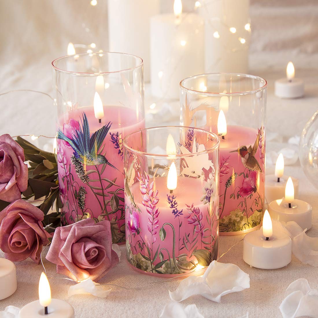 Eywamage Pink Hummingbird Floral Glass Flameless Candles with 3,