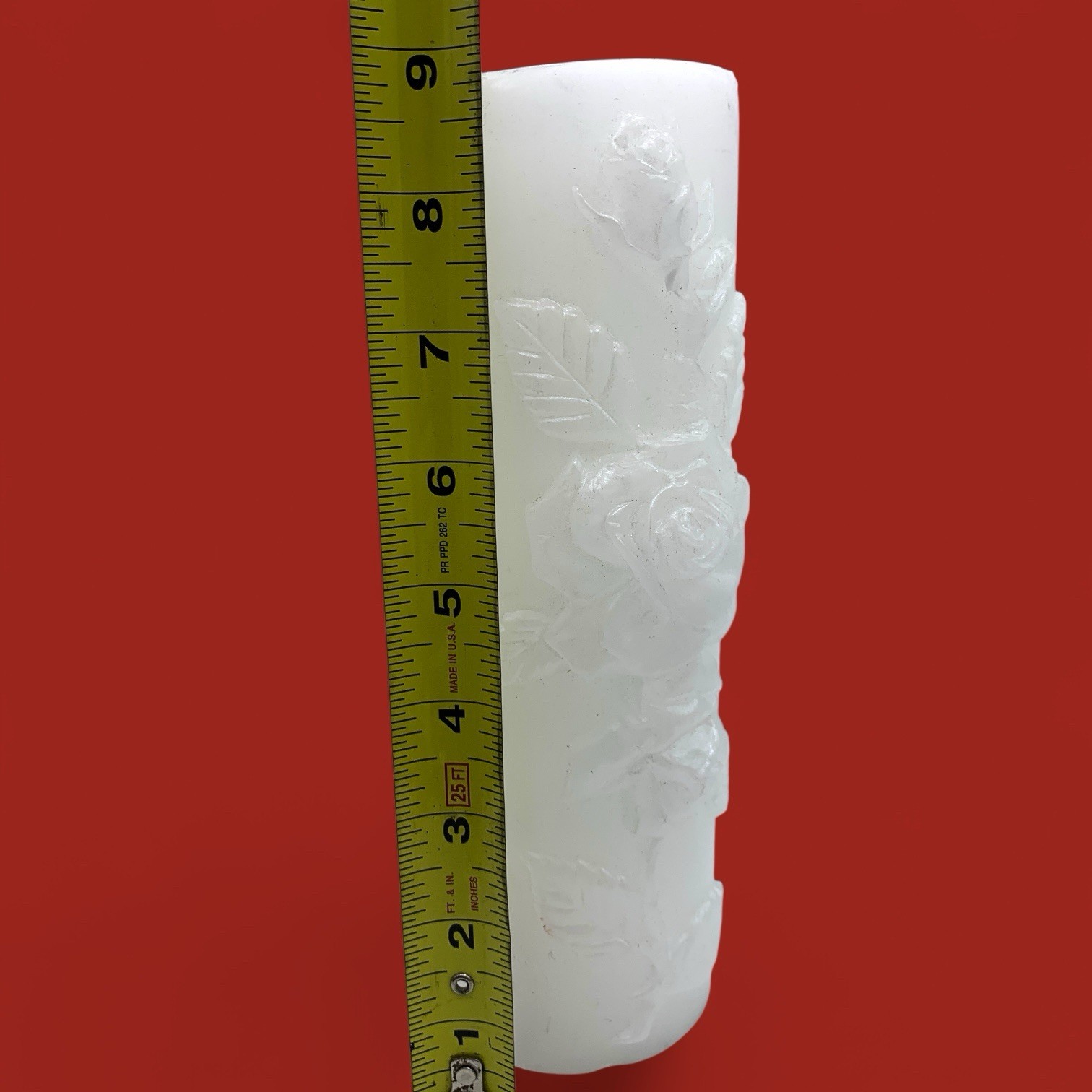 VTG White Embossed Rose Pillar Candle 9” Romantic Floral Decor Unscented Prayer