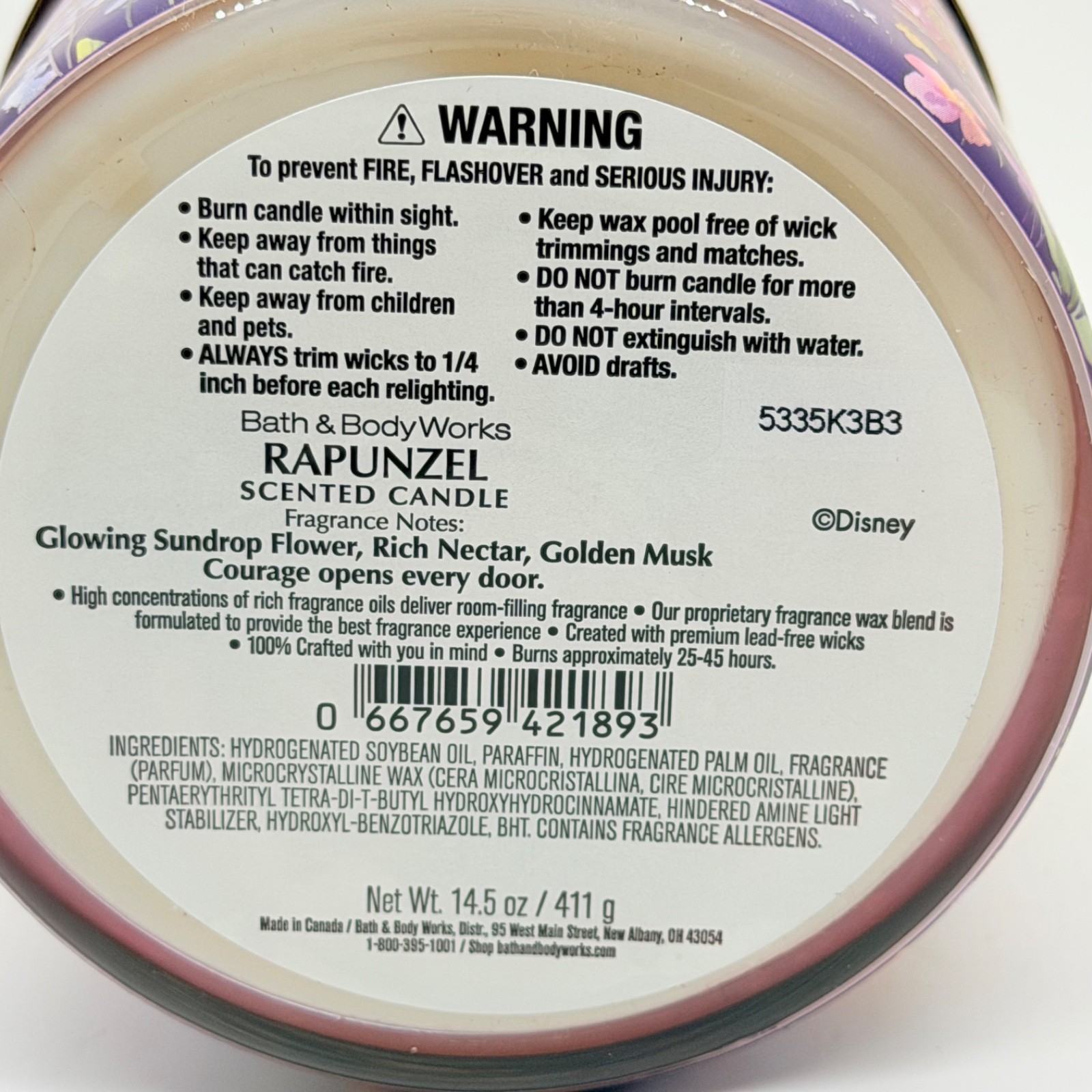 Bath & Body Works Disney Princess RAPUNZEL Scented 3 Wick Large Candle 14.5 oz