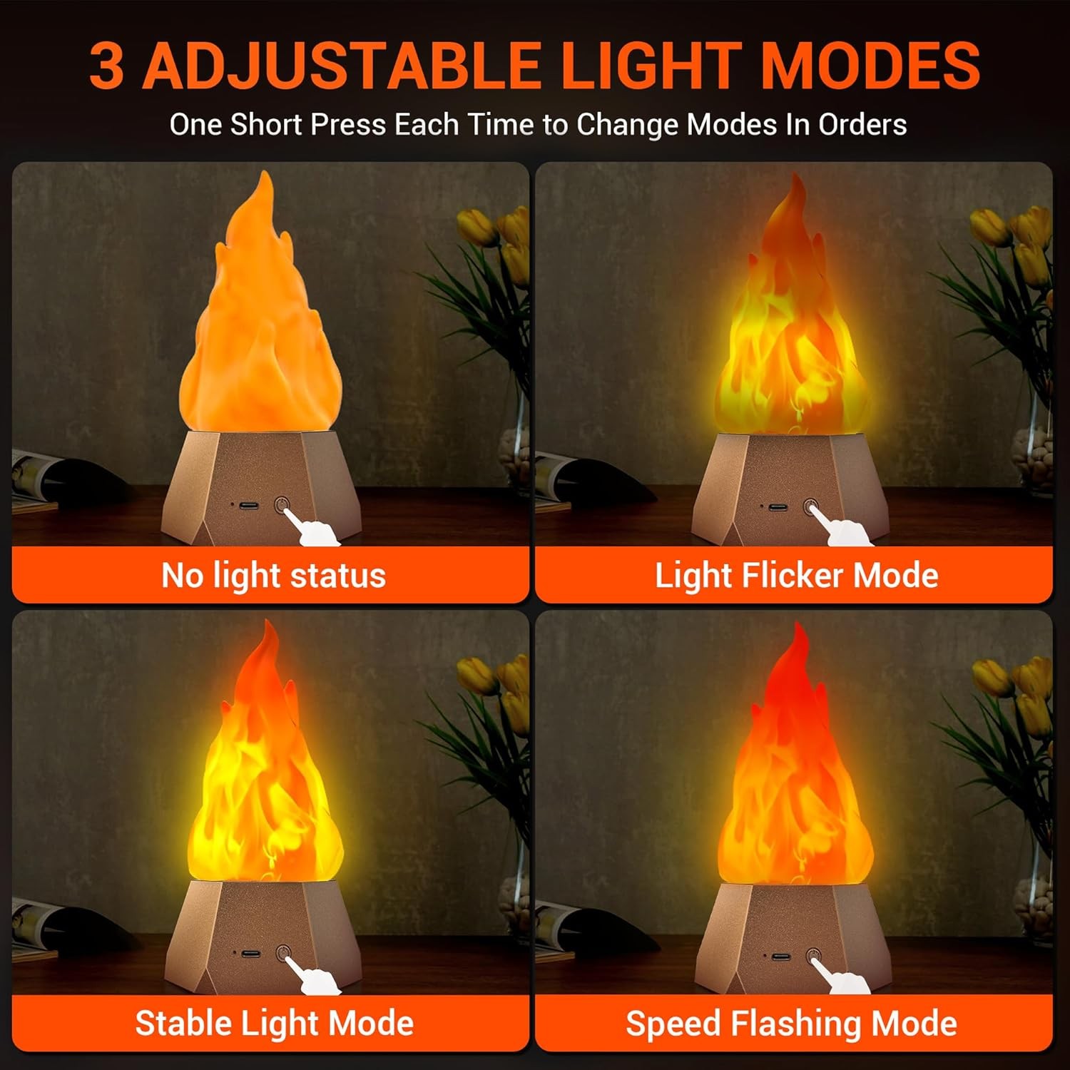 3-Mode LED Flame Lamp, USB Rechargeable Flickering Fire Light for Outdoor/Indoor