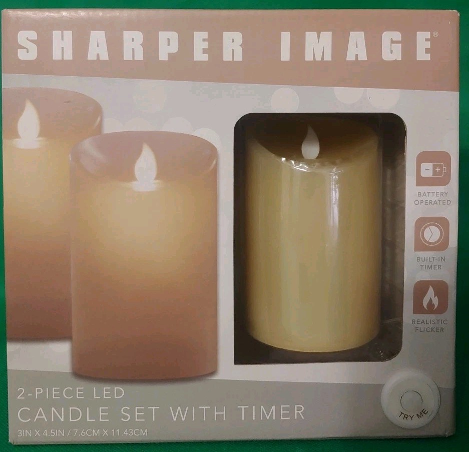New Sharper Image 2 Piece LED Flicker Candle Set Timer 2 AA Batteries Real Wax