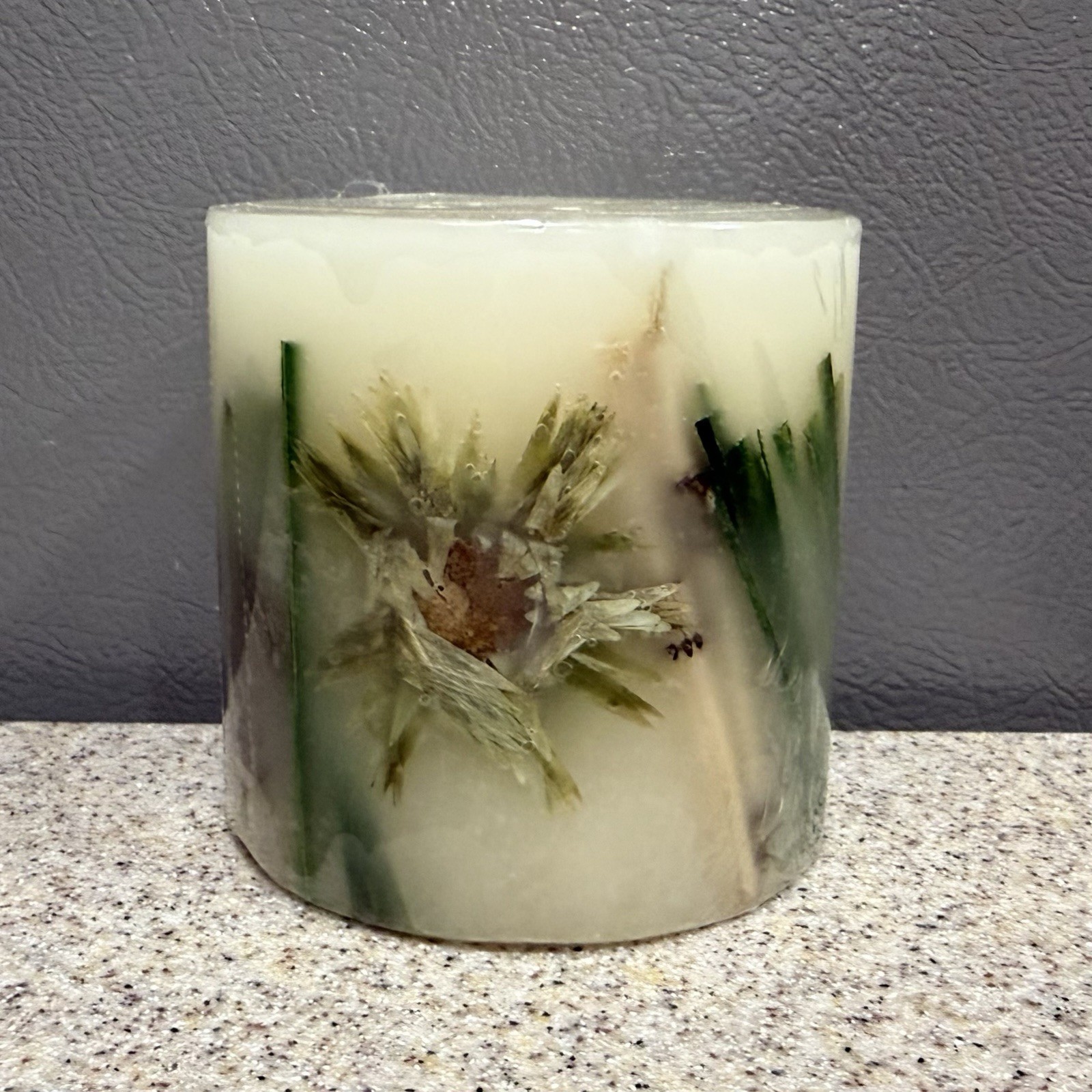 Vtg Botanical Pillar Candle 3.5” Pressed Flowers Leaves “Jade” New!