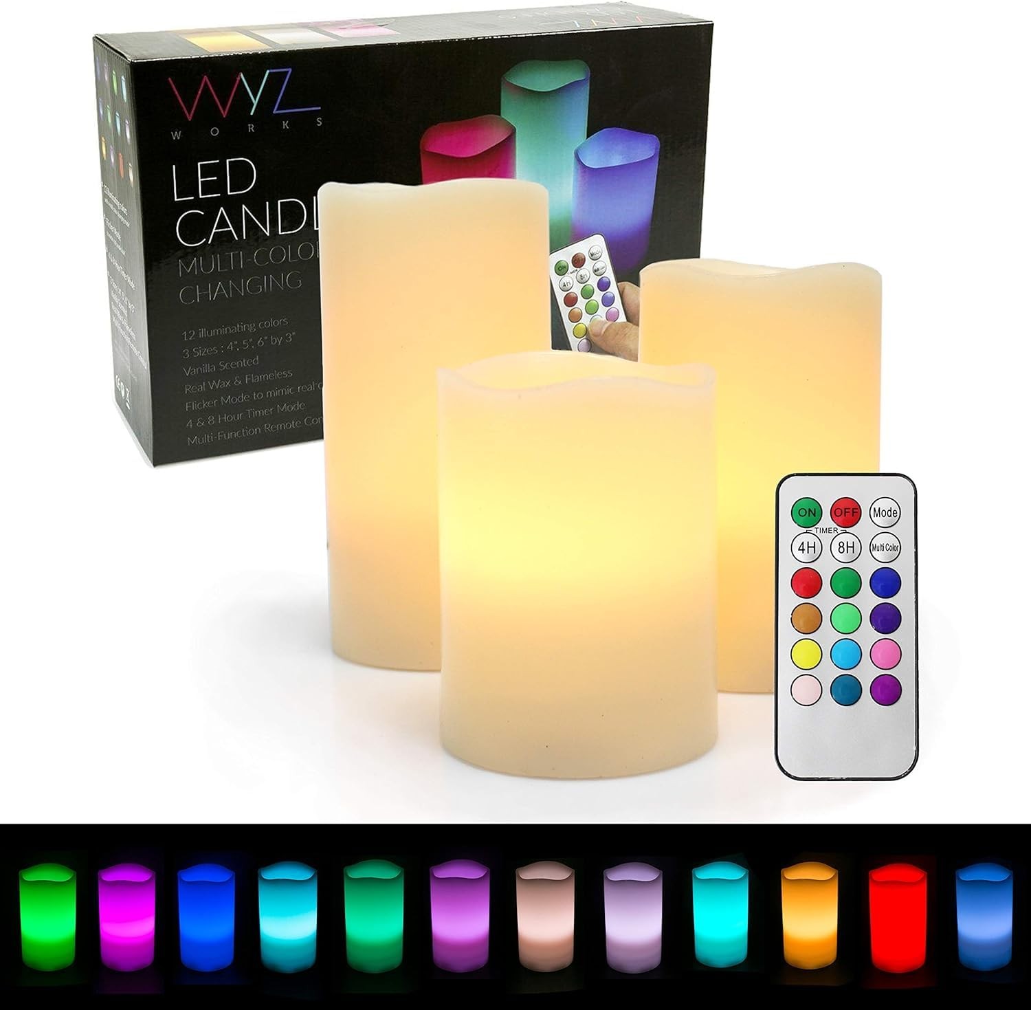 Set of 3 LED Multi-Color Changing Real Wax Ivory Pillar Candles (4”, 5”, 6”) …
