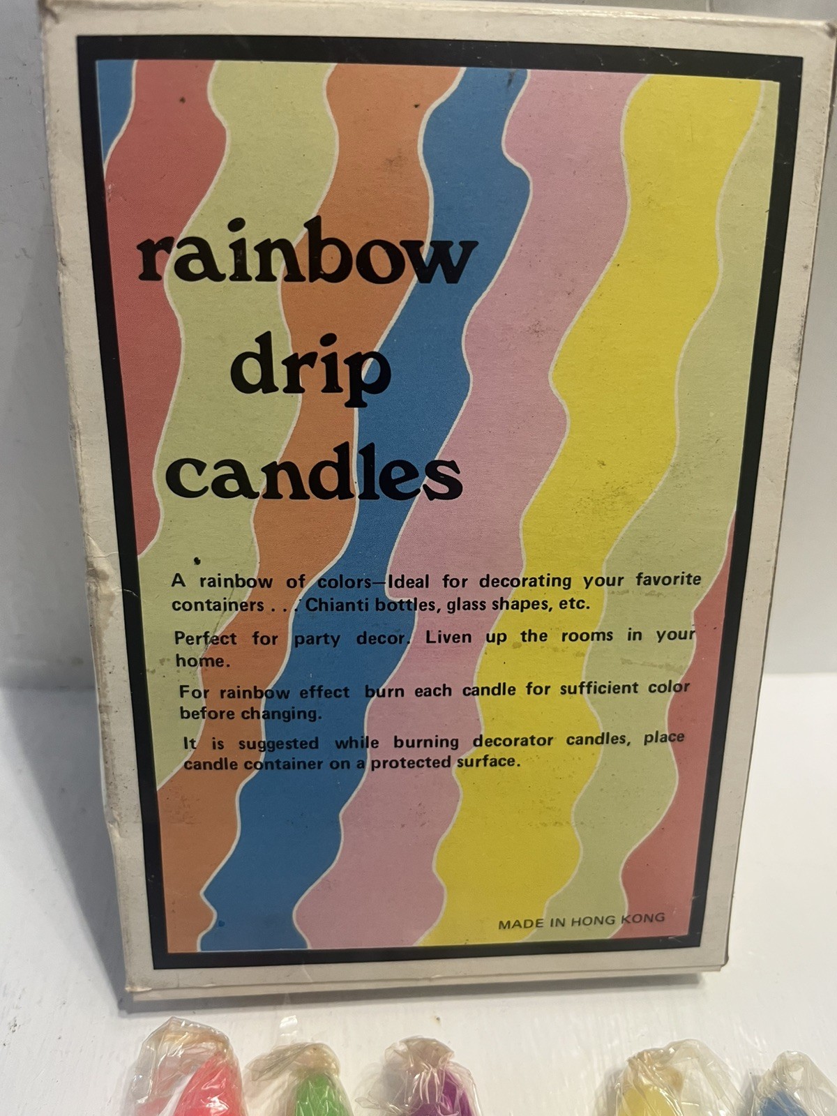 – Rainbow Drip Candles In Original Antique Box, Missing 1