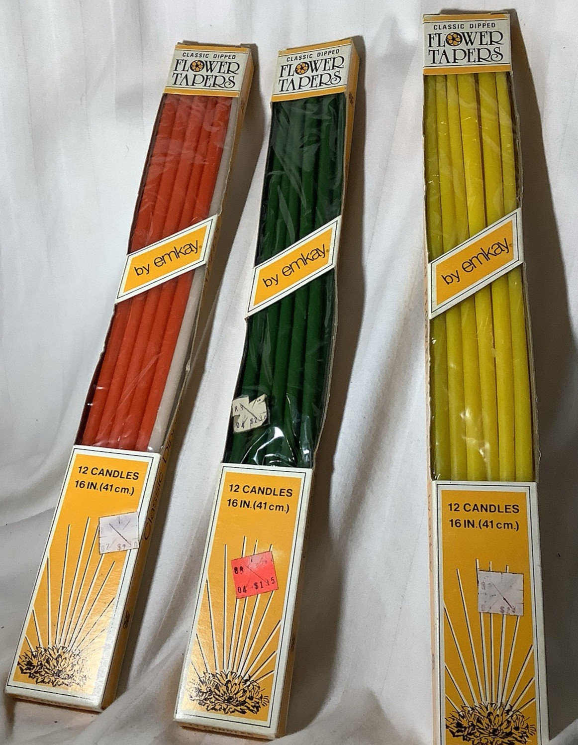 Vintage Emkay Classic Dipped Flower Tapers 16” Candles Green Orange Yellow White