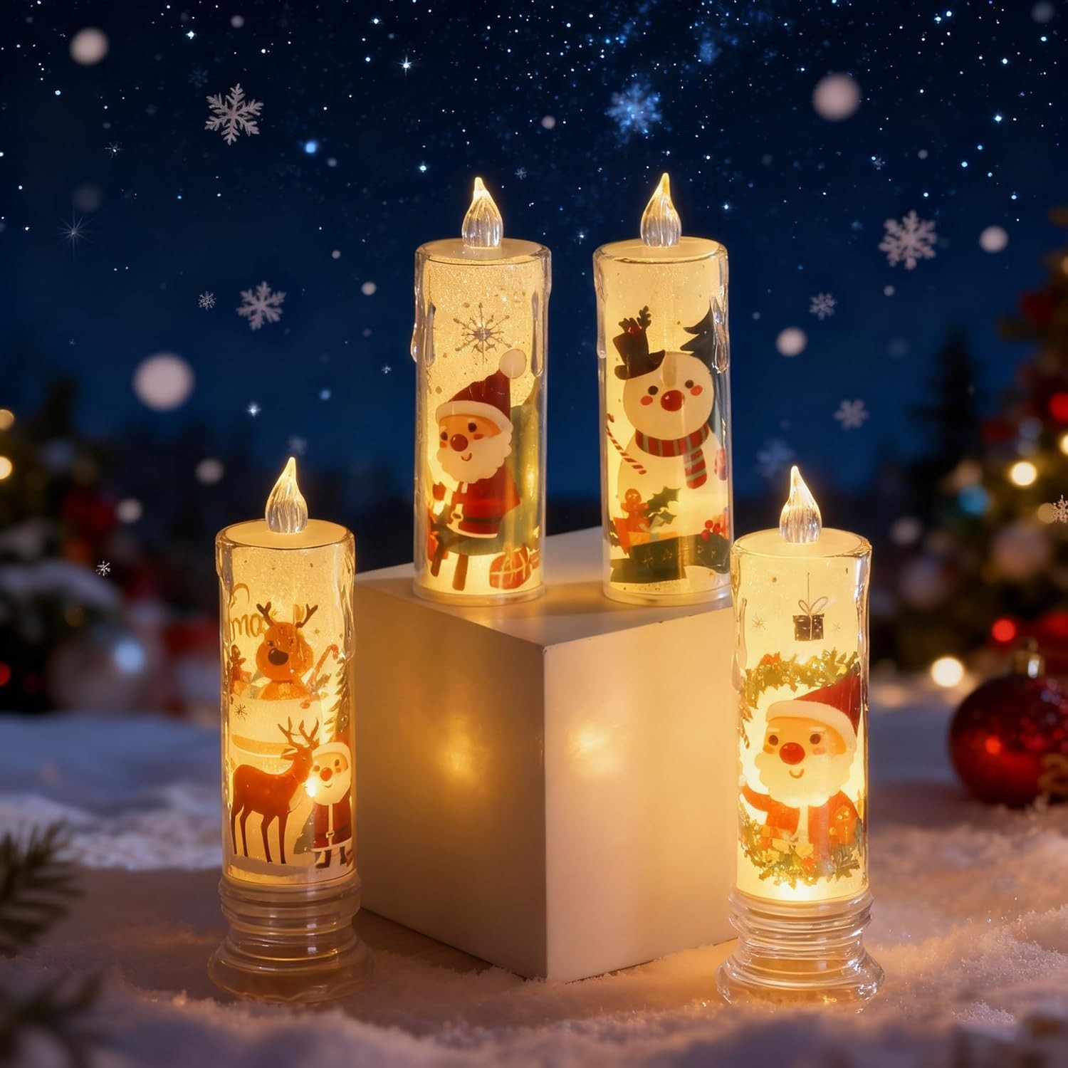 4-Pcs Christmas Flameless Candle Set, 5.12 Inches Tall, Christmas LED Candles wi