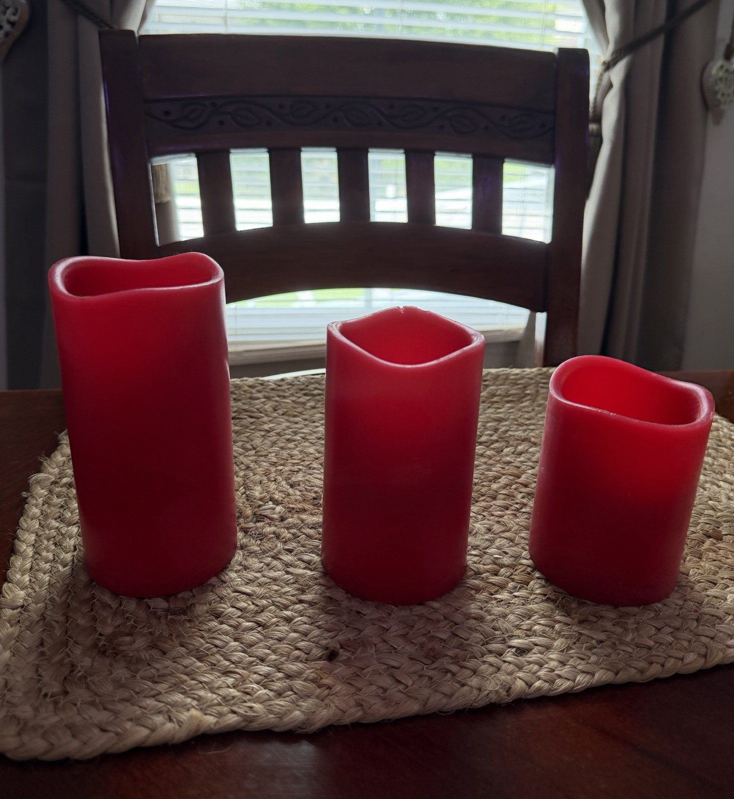 Set of 3 Red Wax Pillar Candles, 3 AAA BATTERIES NEEDED.Decorative Candle Set