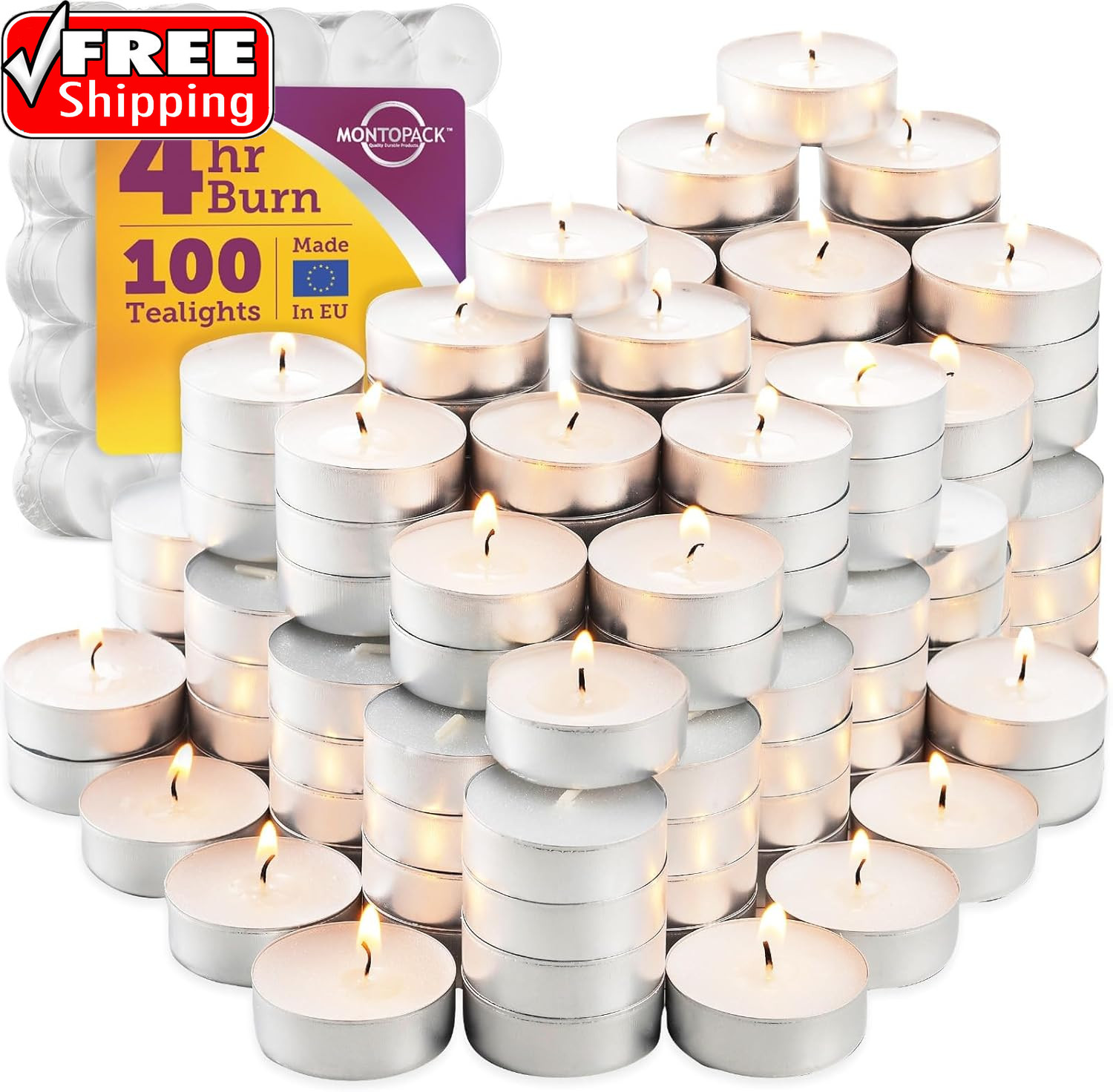 Unscented Tea Light Candles 100 Pack | 4 Hours, White, Smokeless, Dripless Small