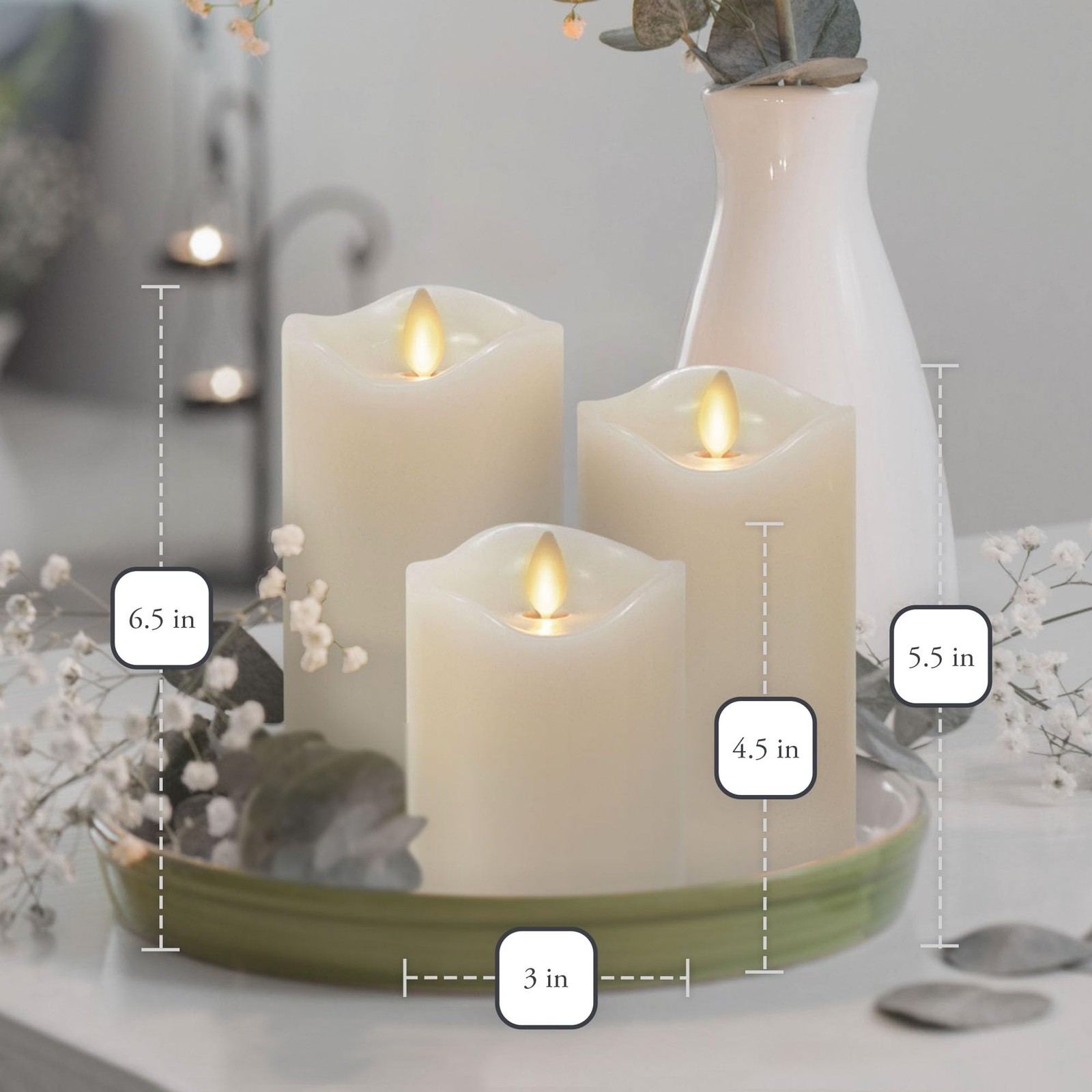 Matchless Candle Co. by Luminara Set of 3 3 x 4.5,5.5,6.5 Flameless LED Flick…