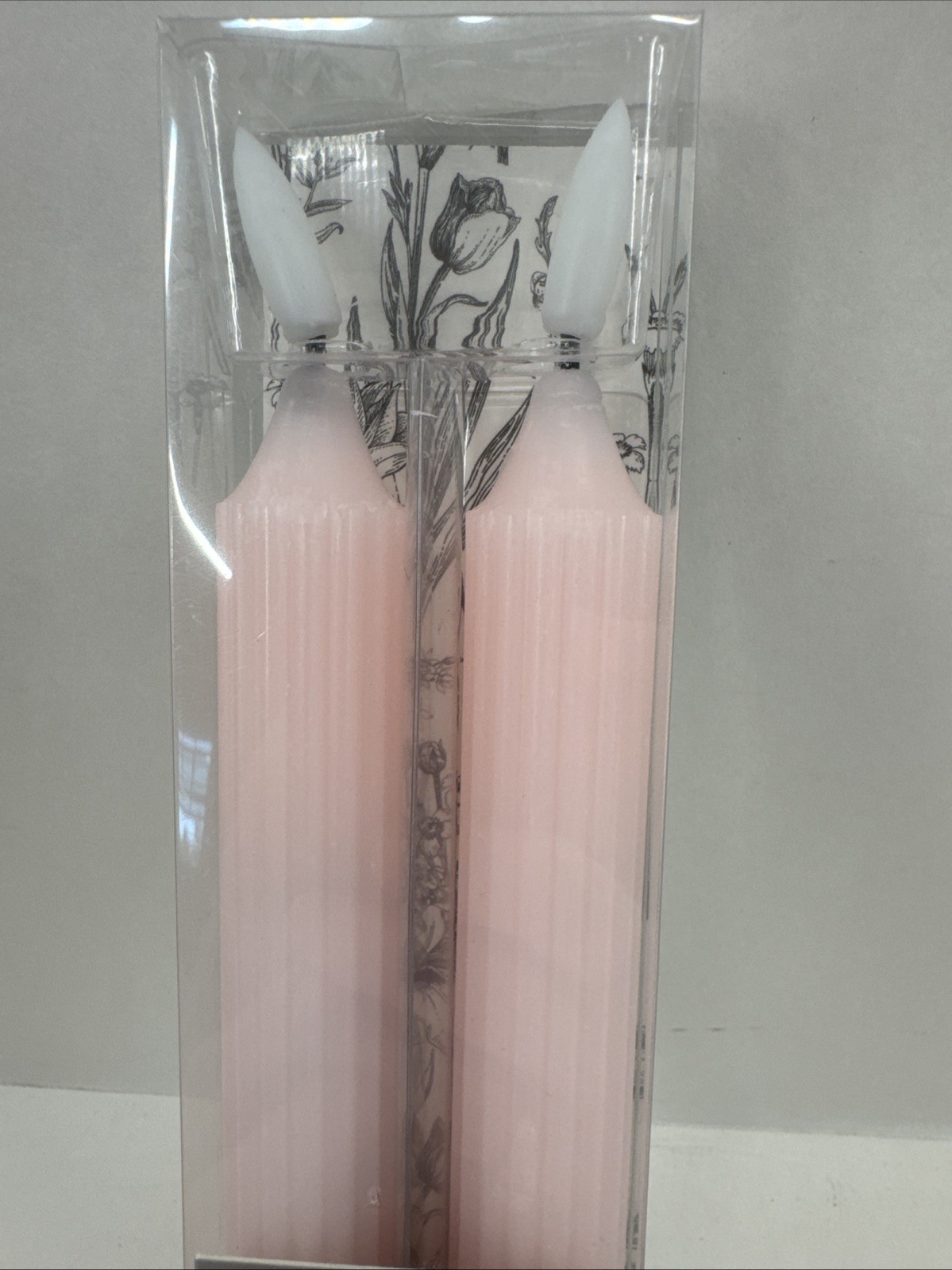 Flameless Real Wax LED Taper Candles 2-Pack Unscented Light Pink Ribbed NIP